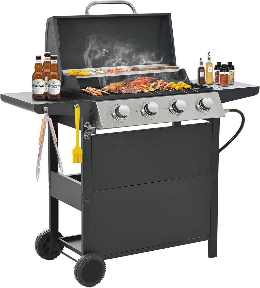 Patio Propane Gas Grill Stainless Steel, 4-Burner BBQ Grill with Top Cover Lid, Spacious Cooking Area and 2 Side Shelves, for Outdoor Patio Garden Picnic Backyard, Black