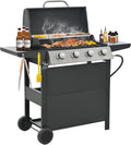 Patio Propane Gas Grill Stainless Steel, 4-Burner BBQ Grill with Top Cover Lid, Spacious Cooking Area and 2 Side Shelves, for Outdoor Patio Garden Picnic Backyard, Black