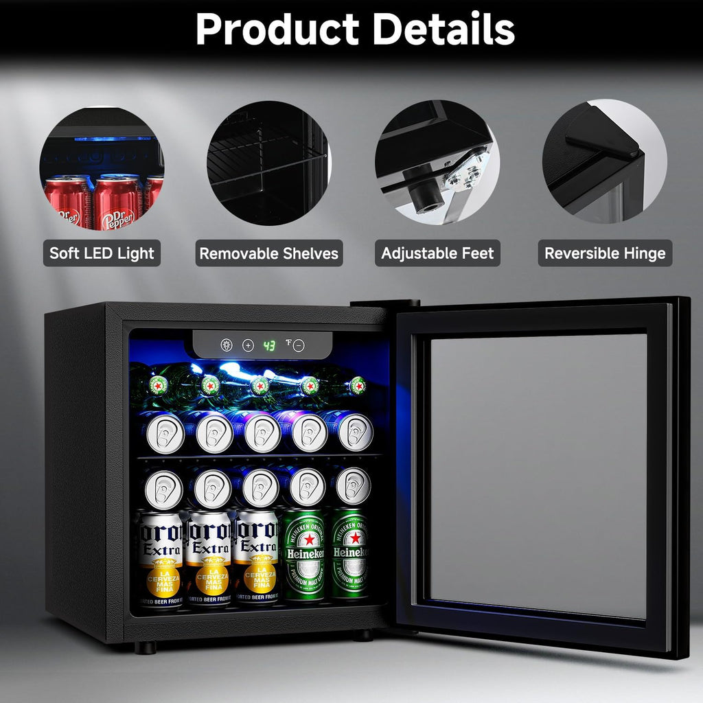 Feelfunn 50 Can Beverage Refrigerator Cooler - 1.3 Cu.Ft Mini Fridge with Glass Door, Soda Beer Drink Wine Fridge, Countertop Small Refrigerator for Bedroom Office Home Dorm Bar, Black