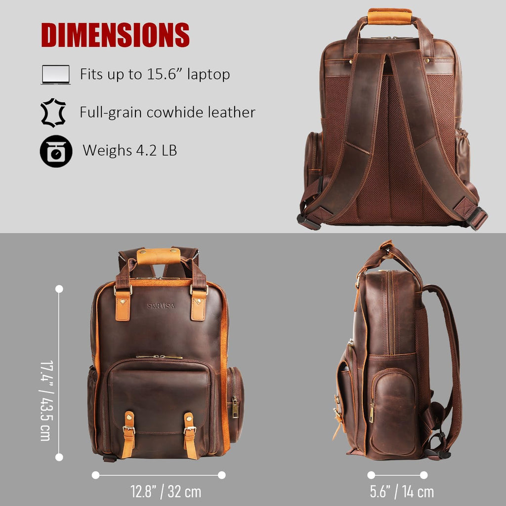 STAR VISTA Bernini Vintage Full Grain Leather Camera Backpack for DSLR/SLR, Camera Case for Photographers, with Tripod Holder, Fits 15.6' Laptop, Casual Outdoor Rucksack, YKK Zippers
