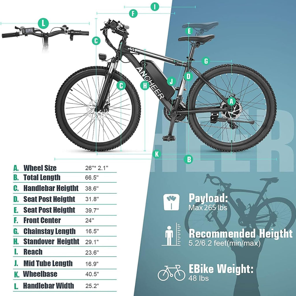 ANCHEER 26' Electric Bike for Adults, Peak 749W Ebike, 19.8MPH Electric Bicycle with 48V 374Wh / 48V 499Wh Battery(3H Fast Charge), LCD Display, Front Suspension, UL2849 Compliant