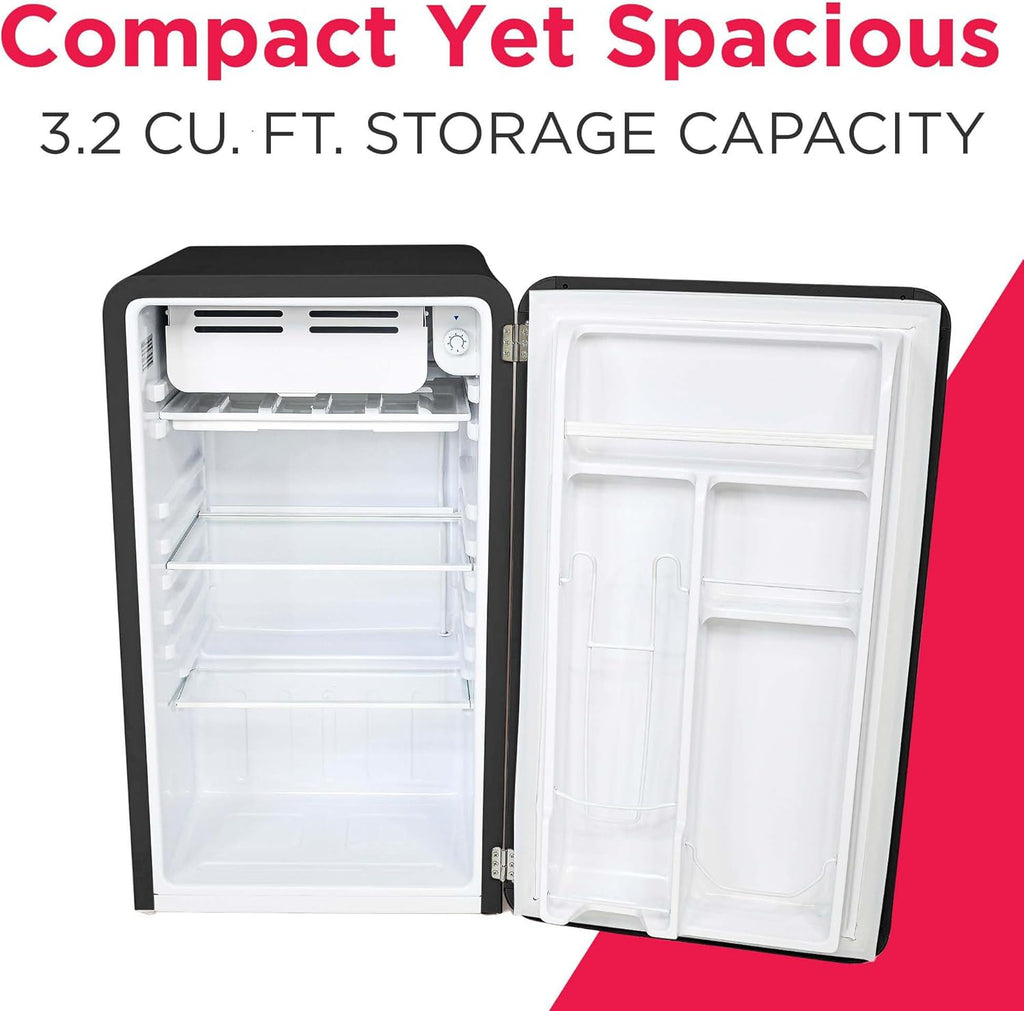 Frigidaire Retro Compact Refrigerator with Chiller, 3.2 cu ft Countertop Fridge, Built-In Bottle Opener, Rounded Corners, Premium, for Office, Bedroom, Dorm Room, Cabin, 18.5D x 20W x 31.5H (Black)