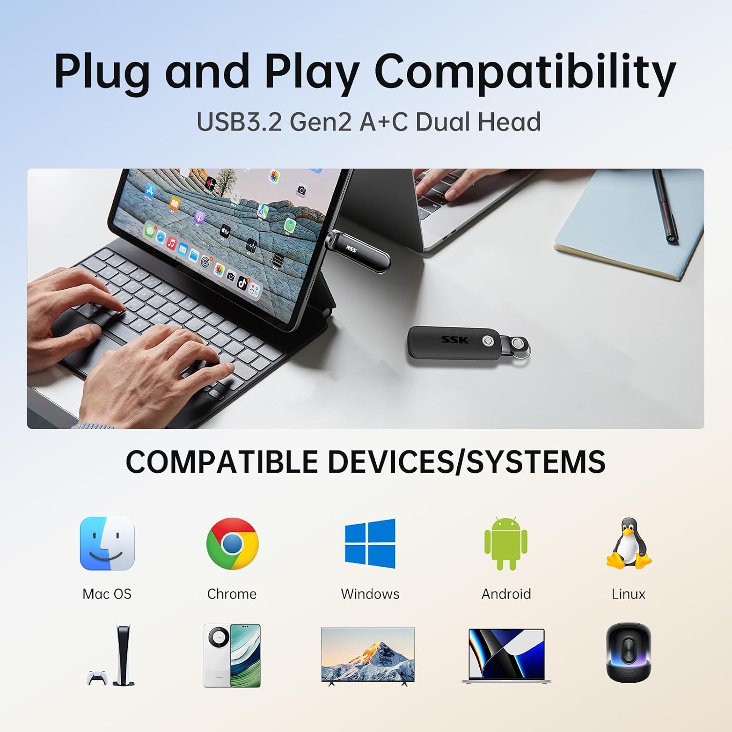 SSK USB Flash Drive 2TB SSD External, TLC NAND Solid State Drive Dual USBC & USBA Ports, Up to 1000MB/s High-Speed Portable 2TB USB Thumb Drive Stick for iPhone 15/16/17 Pro, Mac, Android, PC Backup