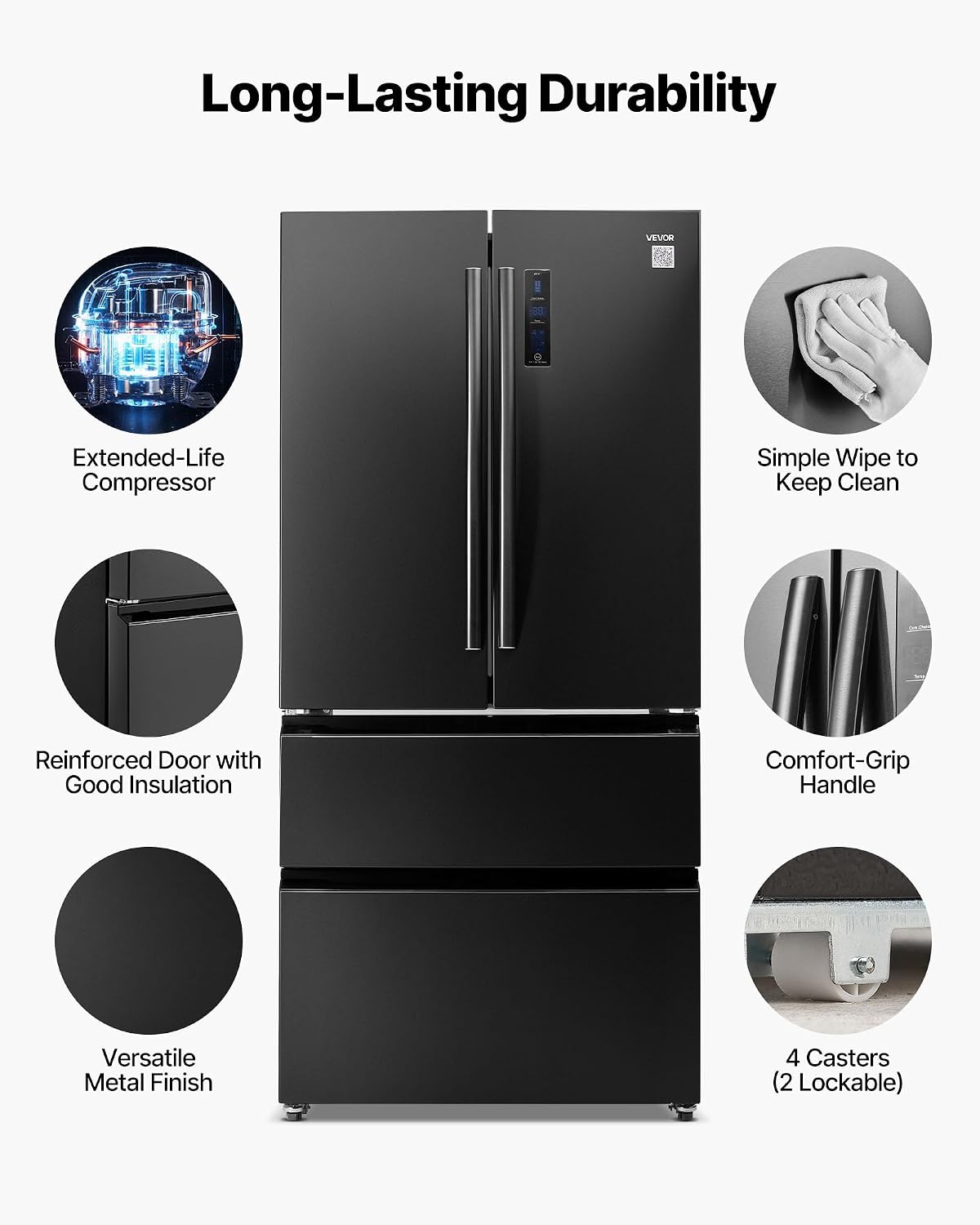 VEVOR French Door Refrigerator, 18.9 Cu. Ft. Kitchen Fridge, Counter Depth French Refrigerator with LED Display and 4 Casters, Frost-Free Bottom Freezer Refrigerators for Home & Commercial Use, Black