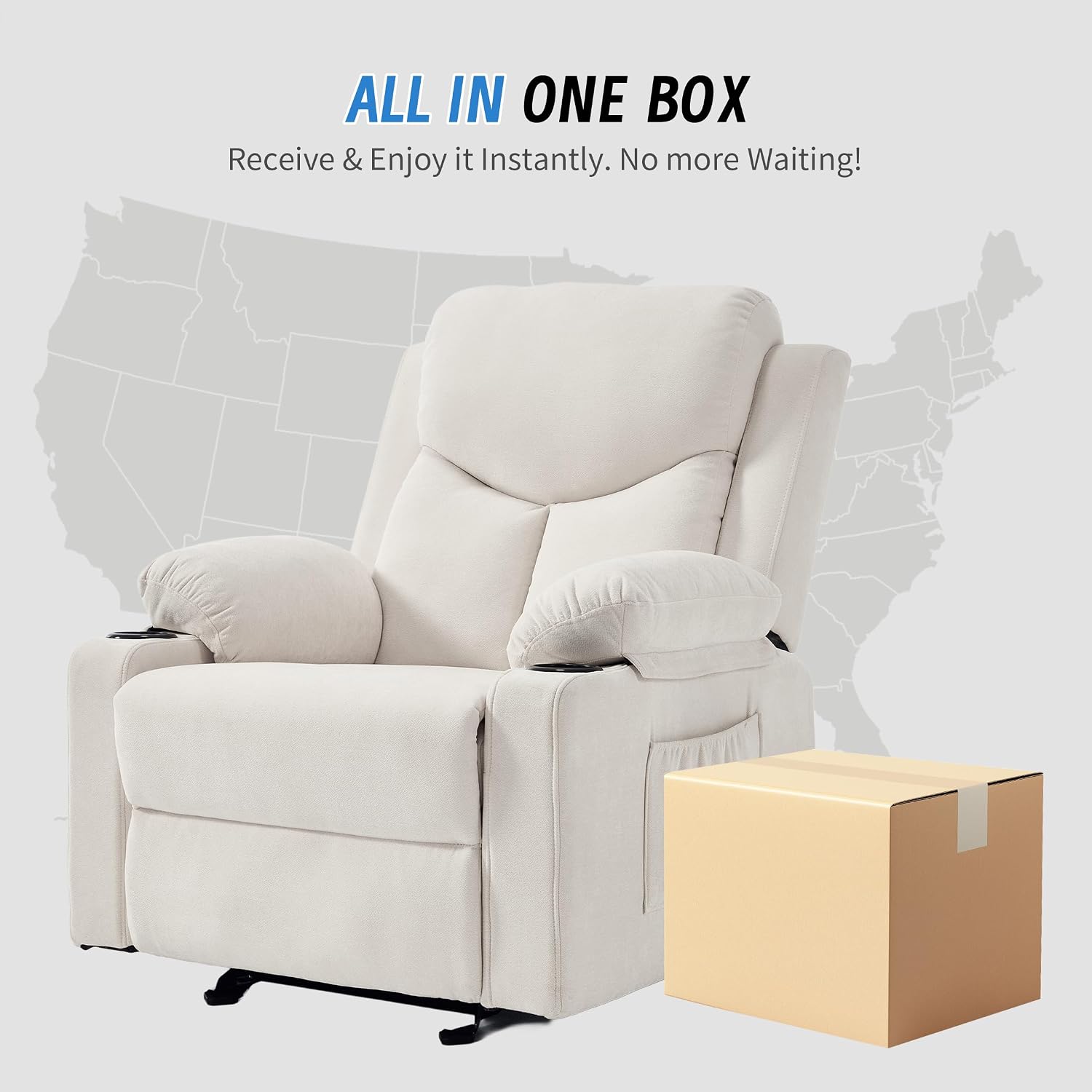 Manual Rocker Recliner Chair for Adults with Vibration Massage,Glider Rocking Recliner for Living Room Bedroom Nursery, Overstuffed Reclining Sofa Chair with Pockets and Cup Holds,Beige