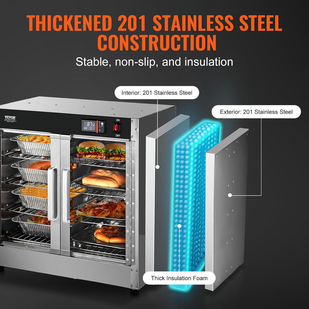 VEVOR Hot Box Food Warmer, 4-Tier Concession Warmer with Water Tray, 4 Pans, Glass Double-door and Adjustable Shelves, Stainless Steel Food Warmer Cabinet, Ideal for Storing Pizza, Chicken, Restaurant