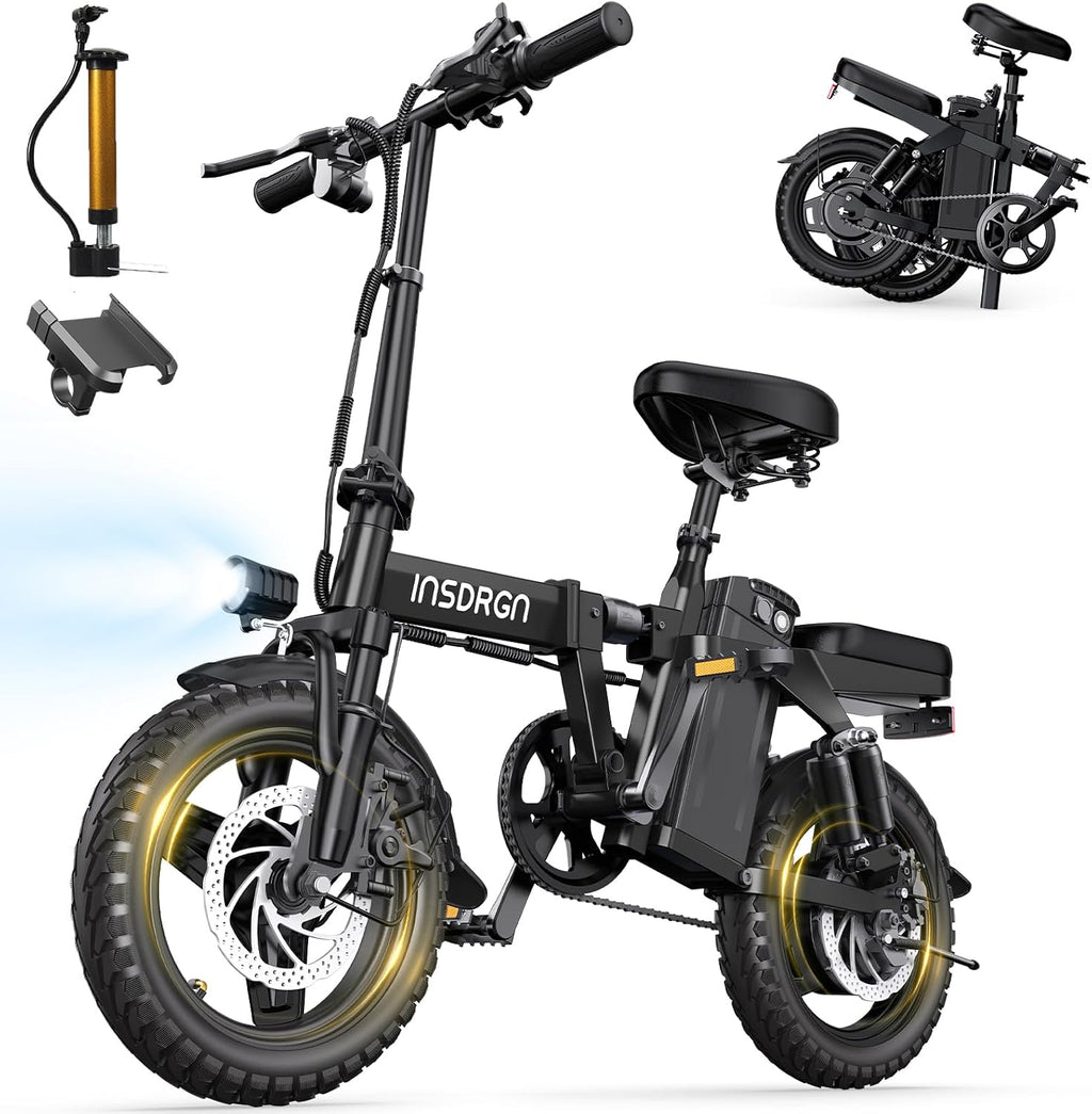 INSDRGN Folding Electric Bike for Adults Teens, Peak 1500W, 62 Miles PAS Range, 48V 16AH Removable Li Battery Ebike, 9 Shocks Full Suspension, 20 MPH Electric Bicycle, UL2849 Certified