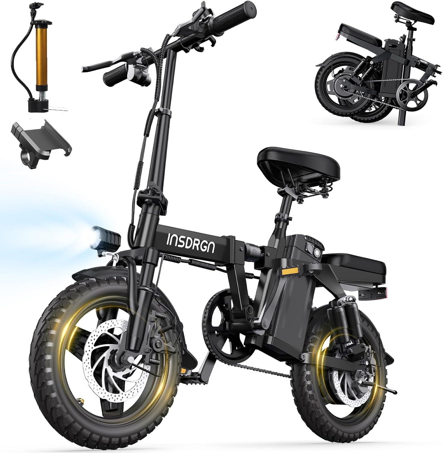INSDRGN Folding Electric Bike for Adults Teens, Peak 1500W, 62 Miles PAS Range, 48V 16AH Removable Li Battery Ebike, 9 Shocks Full Suspension, 20 MPH Electric Bicycle, UL2849 Certified