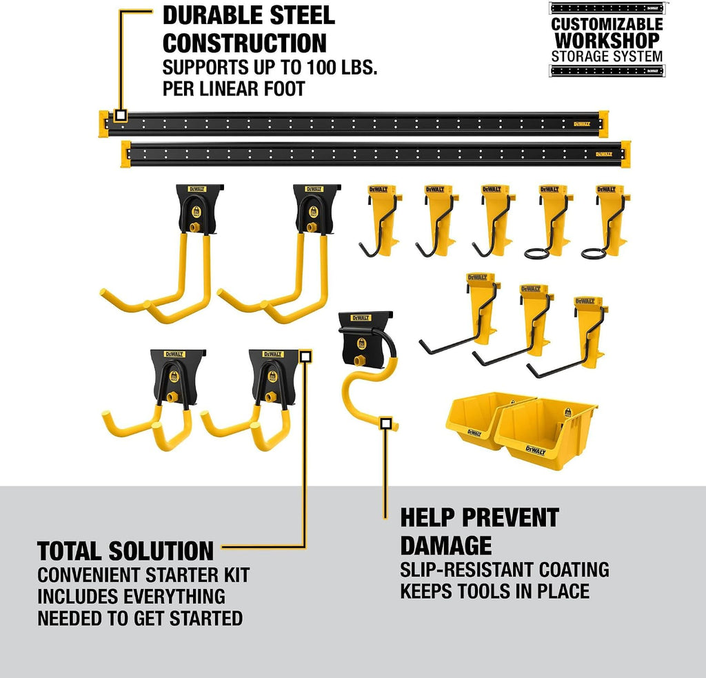 DEWALT Tool Organizer, 21 Piece Accessory Starter Kit, Includes 2 Metal Rails, 13 Hooks, and 2 Plastic Bins, DEWALT Workshop Storage System Compatible (DWST82801)