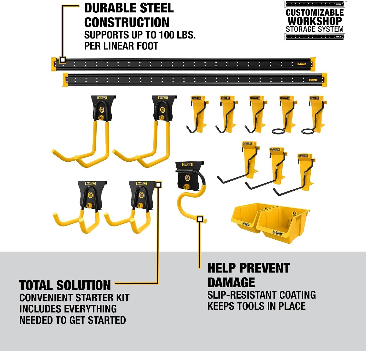 DEWALT Tool Organizer, 21 Piece Accessory Starter Kit, Includes 2 Metal Rails, 13 Hooks, and 2 Plastic Bins, DEWALT Workshop Storage System Compatible (DWST82801)