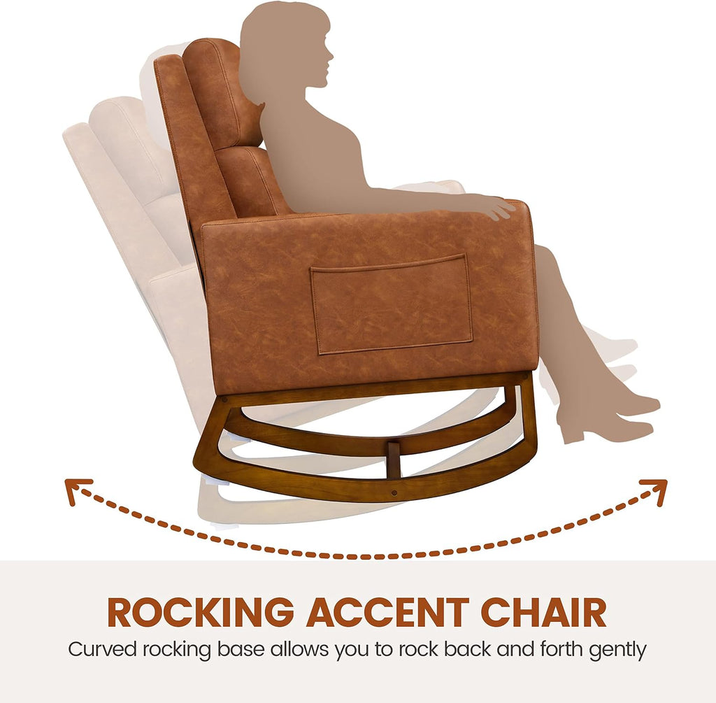 Yaheetech Leather Living Room Chair, Rocking Accent Chair, Modern Nursery Glider Chair with High Back and Side Pocket, Accent Rocker Armchair with Wood Legs for Living Room Bedroom Study, Brown