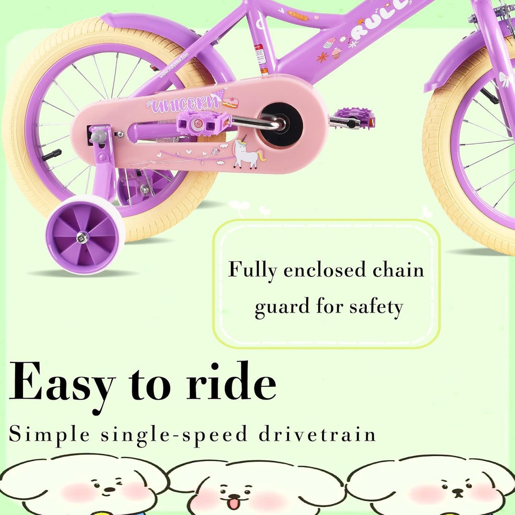 RULLY Kids Bike 12 14 16 inch for 2-7 Years Girls with Training Wheels & Front Handbrake, Kids Bicycle with Basket Bike Streamers Toddler Cycle Bikes