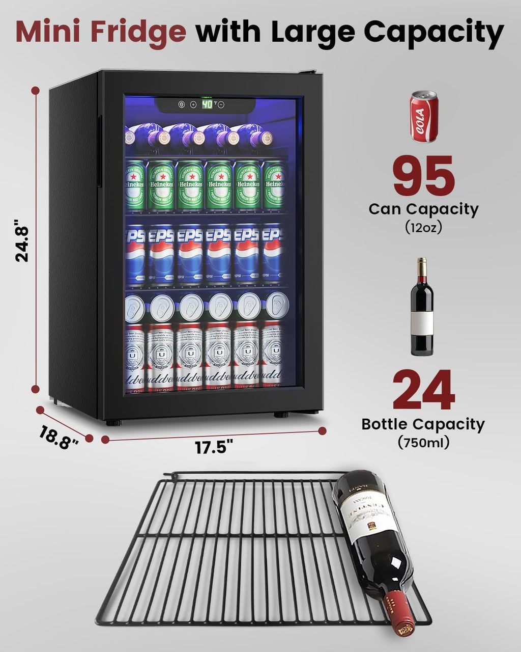 Feelfunn Wine Cooler Refrigerator - 24 Bottle 95 Can Mini Wine Fridge with Glass Door for Beer Soda Water Drink, Small Wine Cellar Beverage Refrigerator for Bedroom Office Home Bar Dorm, 2.6 Cu.Ft