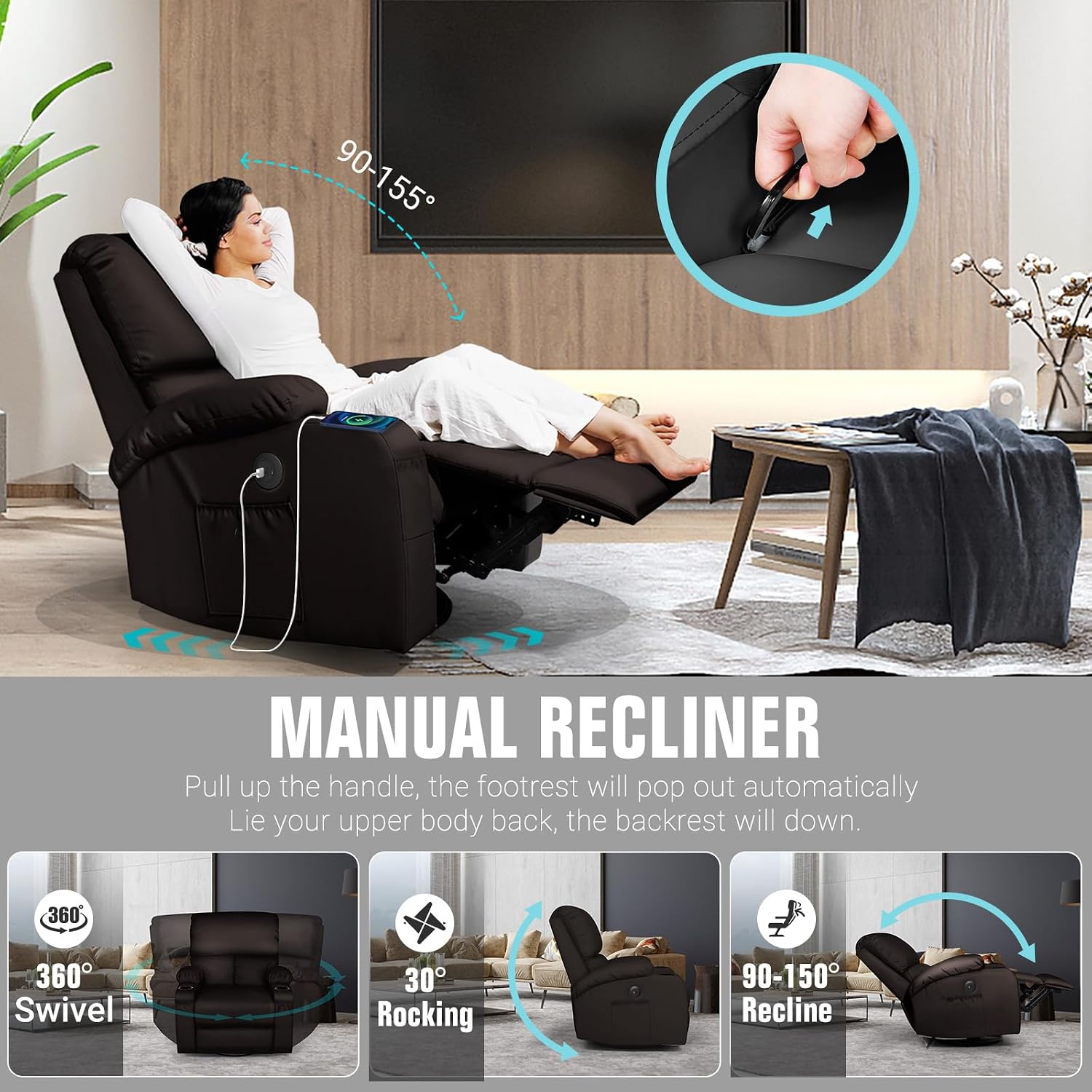 LAFWELL Rocking Recliner Chair, Massage Rocker Recliner Chair with Vibration Massage and Heat, USB and Type-C Ports,360° Swivel Faux Leather Chairs, Living Room, Bedroom, Nursery, RV, Brown
