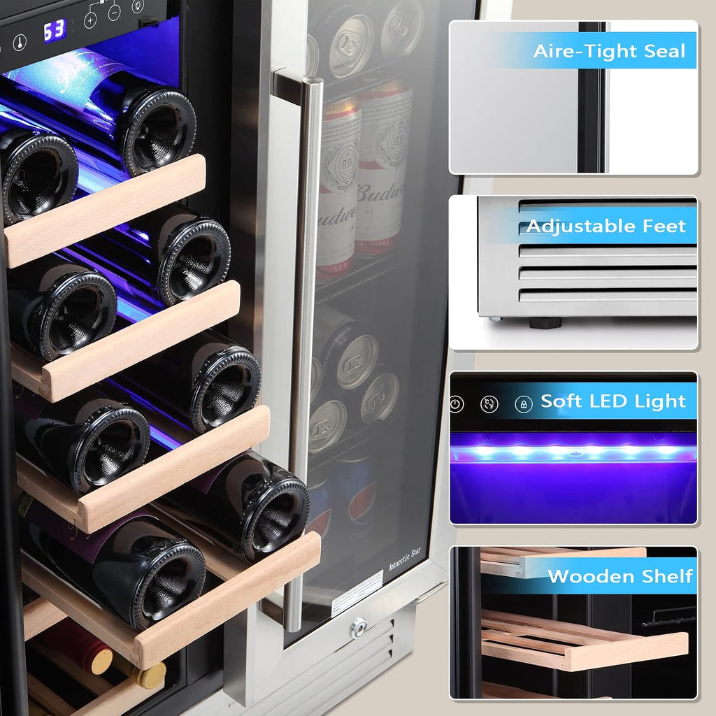 Antarctic Star Wine and Beverage Refrigerator, 24 Inch Dual Zone Wine Cooler with Glass Door, Built in or Under Counter Wine Fridge with Blue LED Light,18 Bottles and 66 Cans Capacity Beverage Cooler