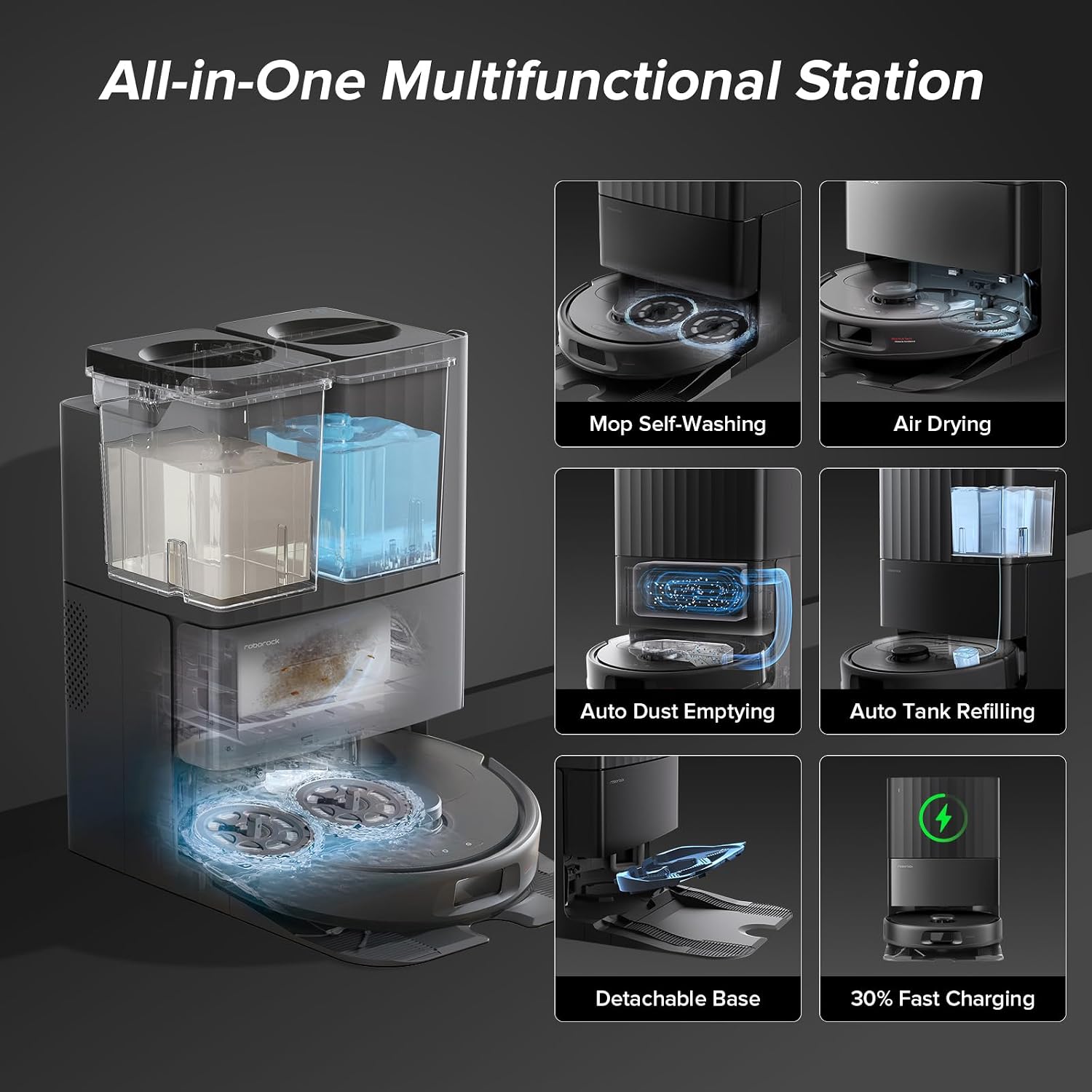 roborock Qrevo Series Robot Vacuum and Mop, 8000Pa Suction, Obstacle Avoidance, Auto Mop Washing, All-in-One Dock, Dual Spinning Mops with 10mm Lift, Anti-Tangle Brushes, Black (QR 598)