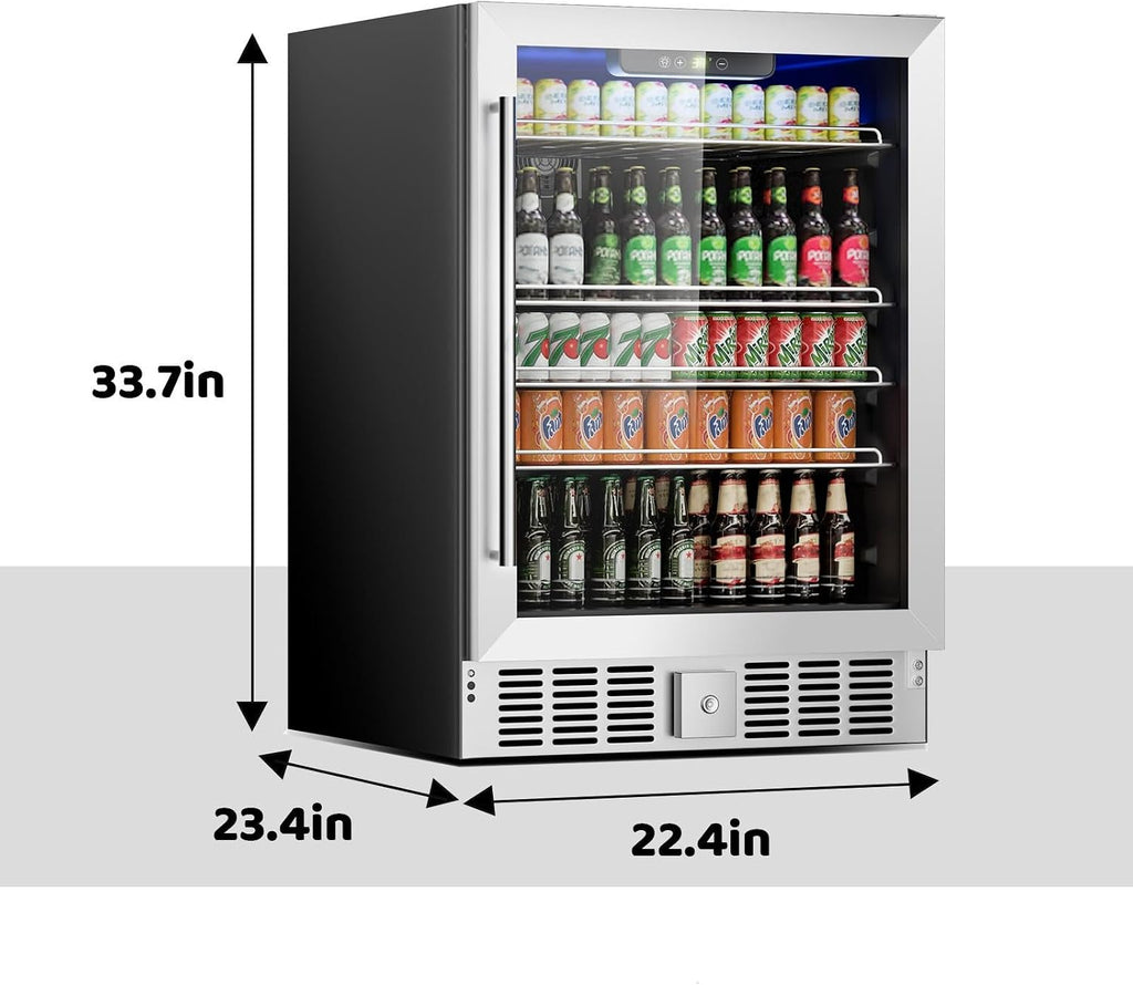 Stopasd Beverage Refrigerator Cooler, 5.3 Cu.Ft/166 Can Drink Fridge with Adjustable Shelves & Glass Door for Soda Wine Beer, Quiet Undercounter Small Fridge for Home/Office/Bar/Garage(37-61 ℉),Sliver