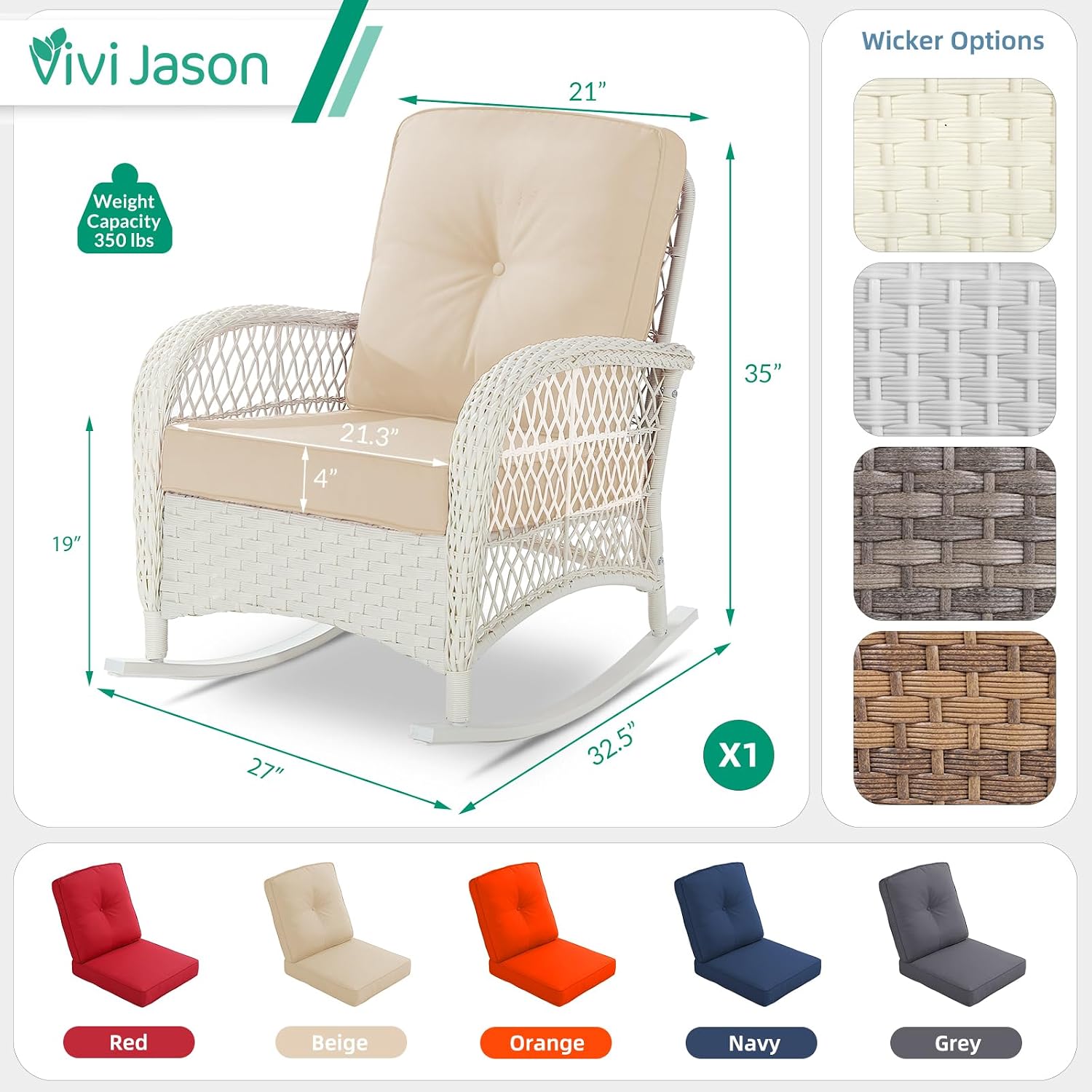 VIVIJASON Outdoor Wicker Rocking Chair, Patio Rattan Rocker Chair with Cushions & Steel Frame, All-Weather Rocking Lawn Furniture for Garden Backyard Porch, Cream White/Beige
