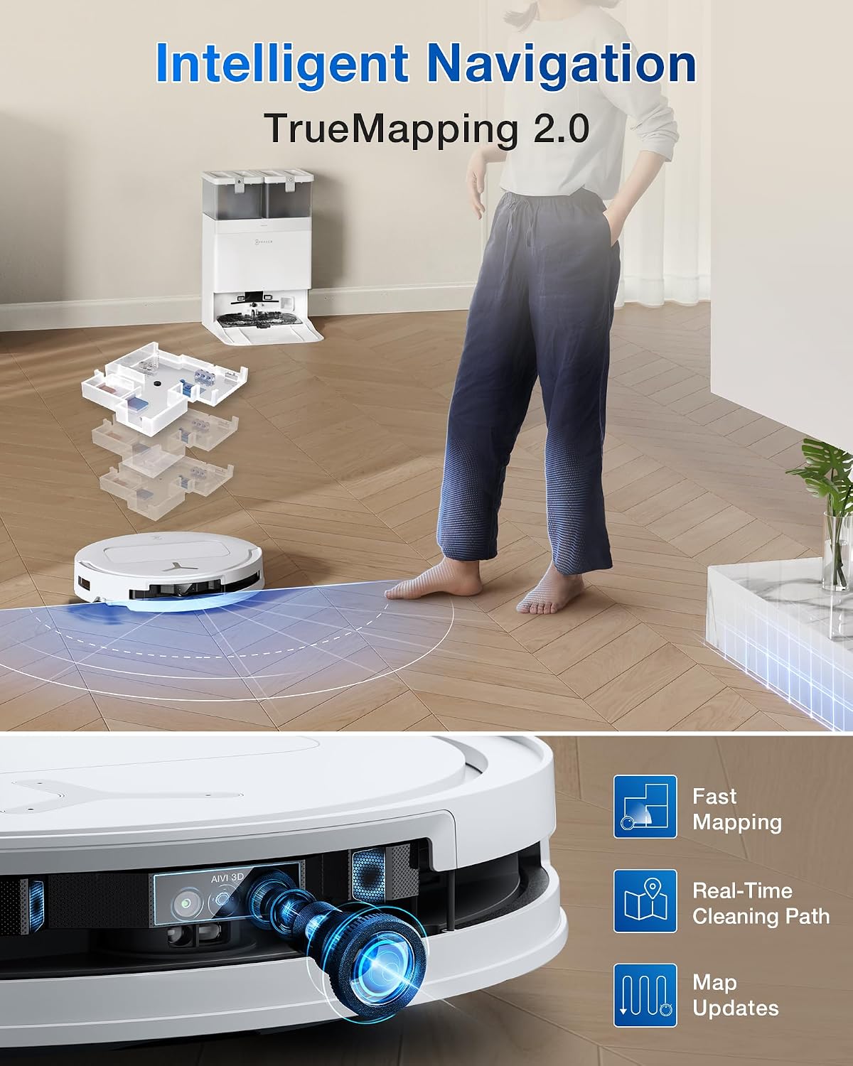 ECOVACS DEEBOT T50 PRO Omni Robot Vacuum and Mop, 3.19' Ultra-Slim, 15,000Pa Suction, ZeroTangle 2.0, TruEdge Edge Cleaning, AIVI 3D Obstacle Avoidance, Auto Mop Wash & Dry, Self-Emptying,White