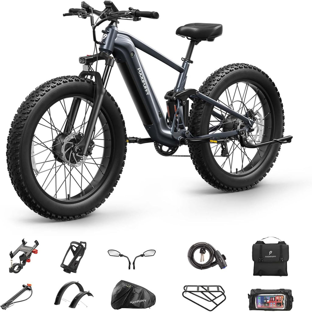 PUCKIPUPPY Dual Motor Electric Bike for Adults 1600W, Full Suspension Dual Hydraulic Disc Brake 26' Fat Tire E Bike, 48V 20AH Battery,8 Speed,28MPH 80Miles Range Mountain Electric Bicycle, GoldenR Pro
