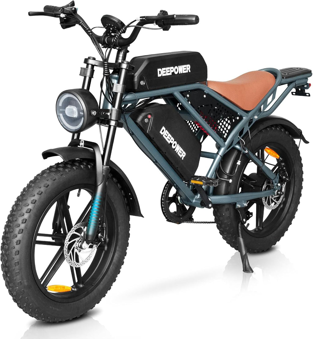 DEEPOWER Electric Bike for Adults,Peak 1500W Motor,30MPH 150Mile ebikes for Adults with 60AH Battery,20' Fat Tire Ebike,Dual Suspension,7 Speed Electric Motorcycle