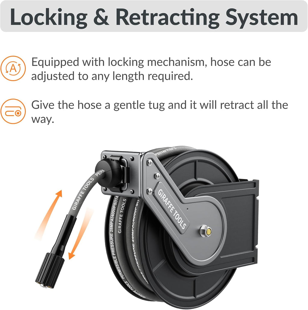 Giraffe Tools Pressure Washer Hose Reel with 60ft Replaceable Hose, Power Washer Retractable Hose Reel, Heavy Duty, Wall/Floor Mounted, 4000 PSI