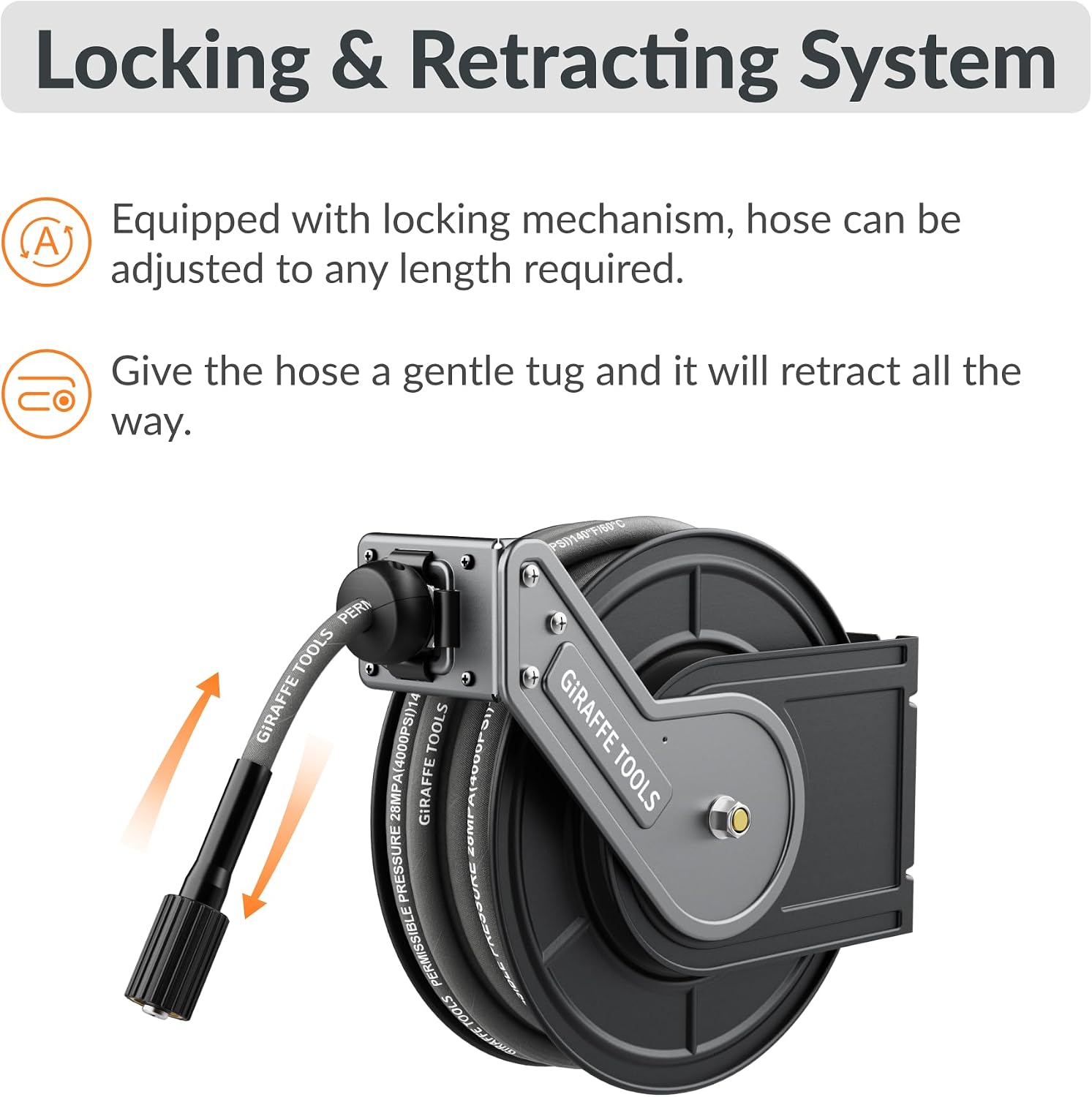Giraffe Tools Pressure Washer Hose Reel with 60ft Replaceable Hose, Power Washer Retractable Hose Reel, Heavy Duty, Wall/Floor Mounted, 4000 PSI