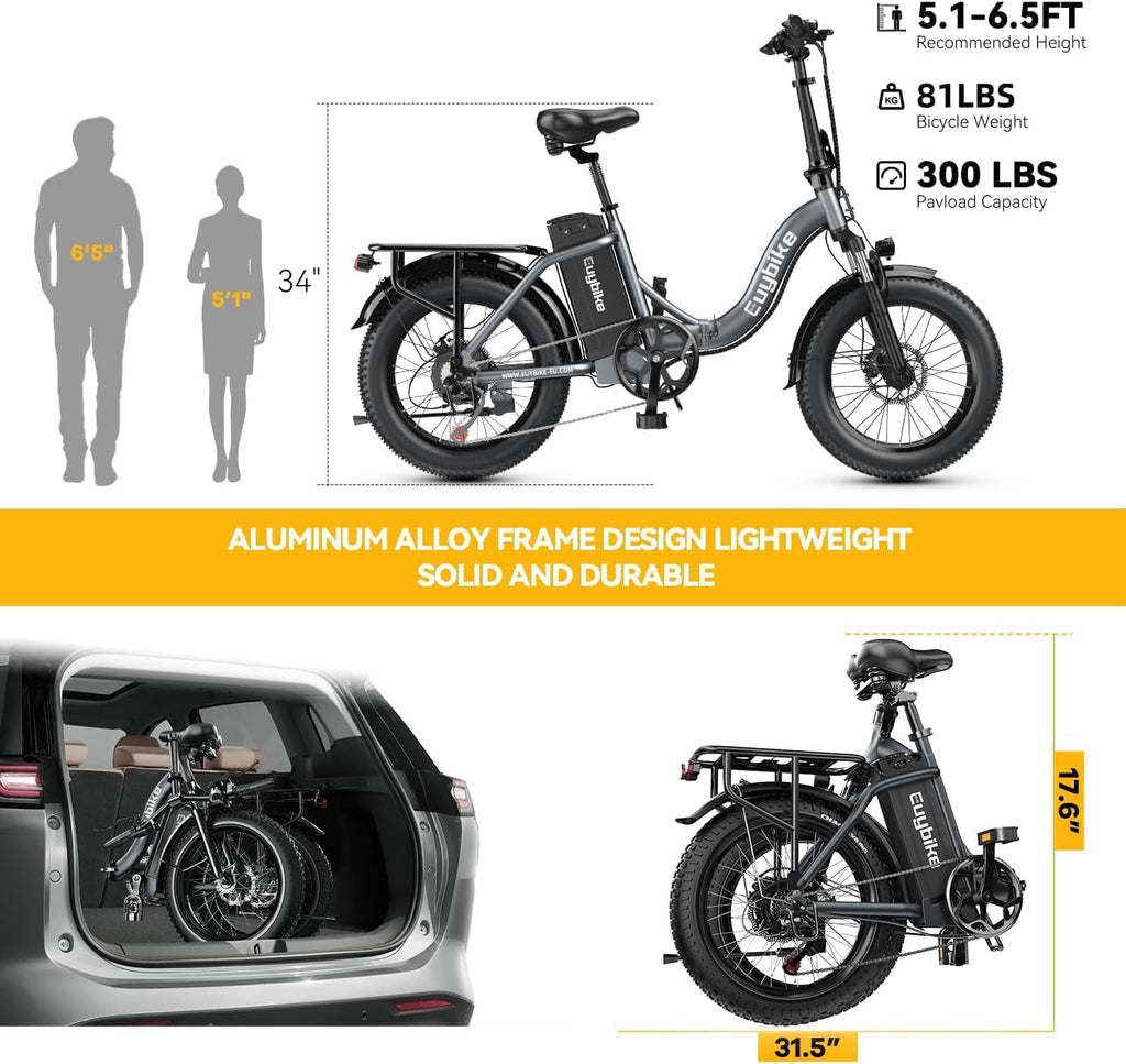 EUYBIKE1000W Folding Electric Bike for Adults,30mph Max Speed, 15AH Removable Battery Ebike, 20' 3 Fat Tire Electric Mountain E Bike with 7-Speed,Adult Electric Bicycles for Commute Beach Snow Blueb…