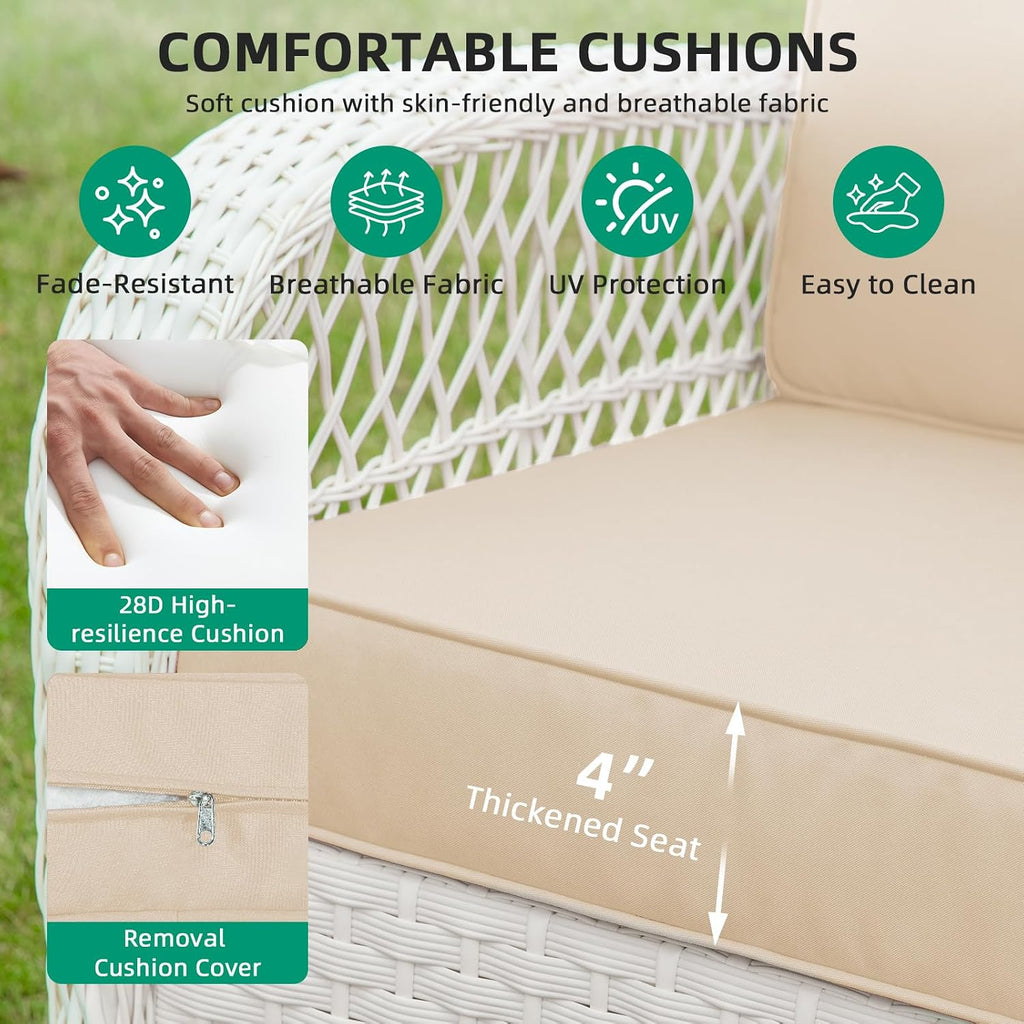 VIVIJASON Outdoor Wicker Rocking Chair, Patio Rattan Rocker Chair with Cushions & Steel Frame, All-Weather Rocking Lawn Furniture for Garden Backyard Porch, Cream White/Beige