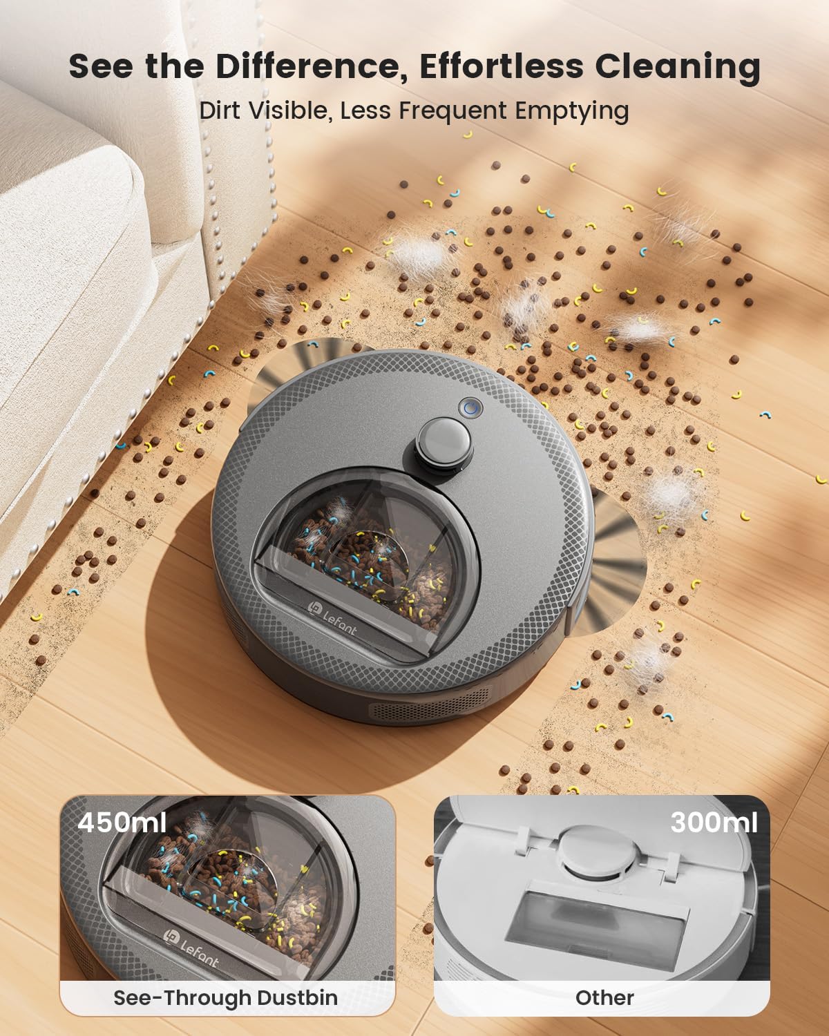 Lefant Robot Vacuum and Mop, Upgraded LiDAR Navigation, 450ml Visible Dustbin, Strong Suction, Multi-Floor Mapping, Self-Charge, WiFi/Alexa/APP, Multi-Surface Cleaning, M330 Pro Grey