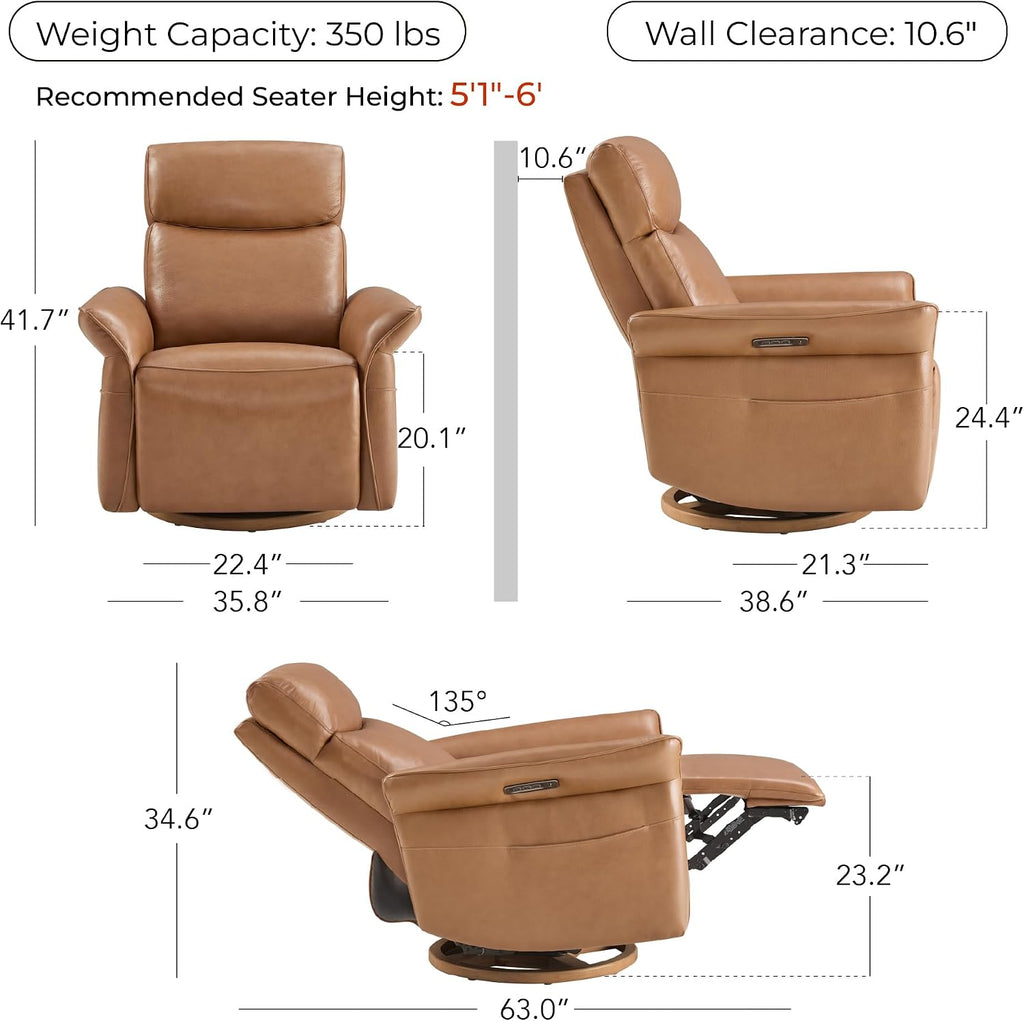 CHITA Genuine Leather Power Recliner Chair, Electric Triple-Motor Swivel Glider Nursery Rocking Chair with Adjustable Power Headrest and Lumbar Support, GREENGARD Gold Certified, Saddle Brown