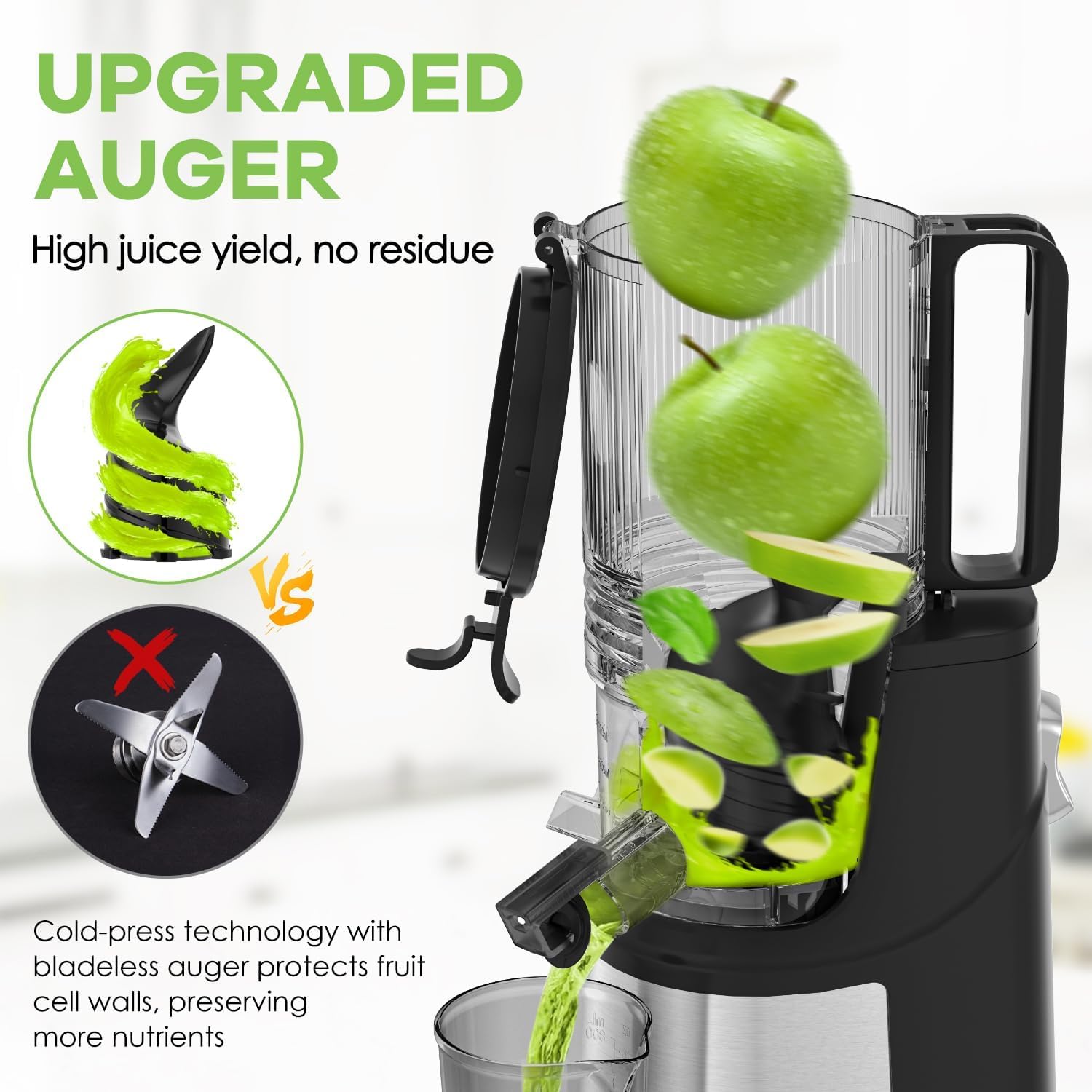 EanOruus Cold Press Juicer, 5.8' Wide Feed Chute Juice Extractor Machine with 400W, High Juice Yield, Slow Masticating Juicer for Whole Vegetables & Fruits, Gray-Stainless Steel