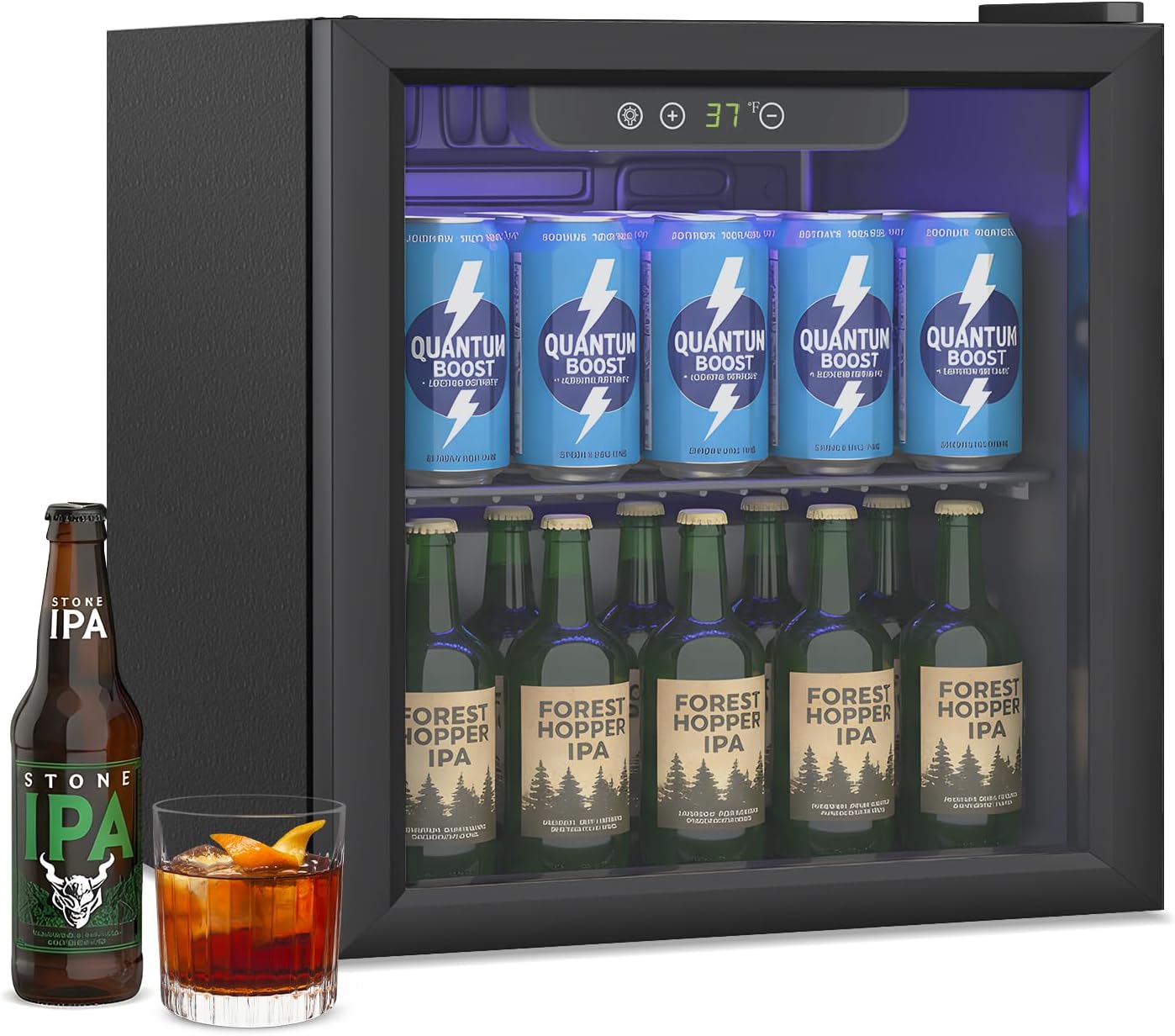 Erivess 1.4 Cu Ft/65 Can Mini Fridge, Freestanding 17 Inch Beverage Refrigerator with Glass Front Door for Soda, Beer Under Counter Drink Refrigerator with Adjustable Shelves(Silver)