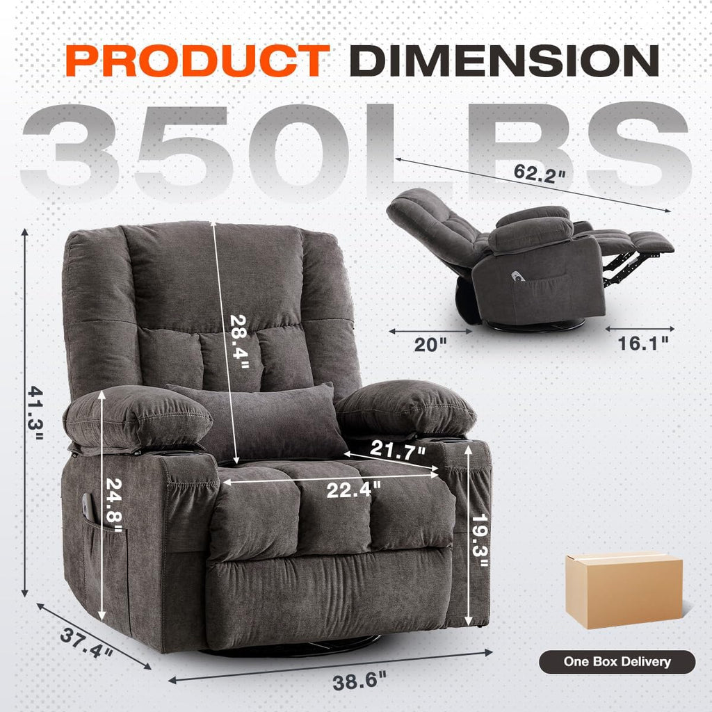 Swivel Recliner Chair for Adults,Oversized Rocker Recliner with Vibration Massage and Lumbar Heat,Ergonomic Rocking Chair with Side Pocket,2 Cup Holders,USB Charge Port for Living Room