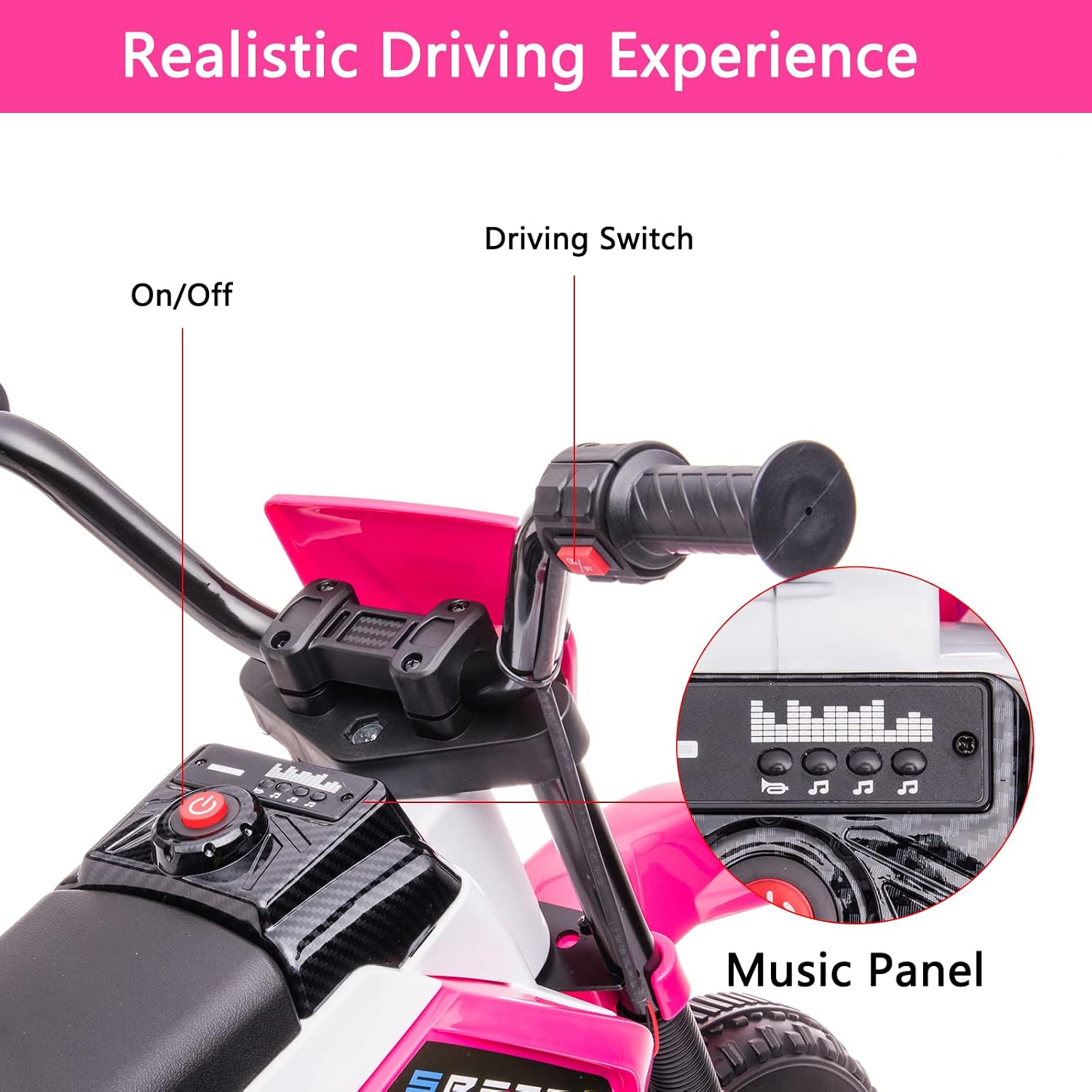 12V Kids Ride on Motorcycle Dirt Bike Toy 4 Wheel Battery Powered Off-Road Motorbike with Training Wheels, 3 mph Top Speed, Music, Charger for Boy Girl Age 3+ (Rose Red)