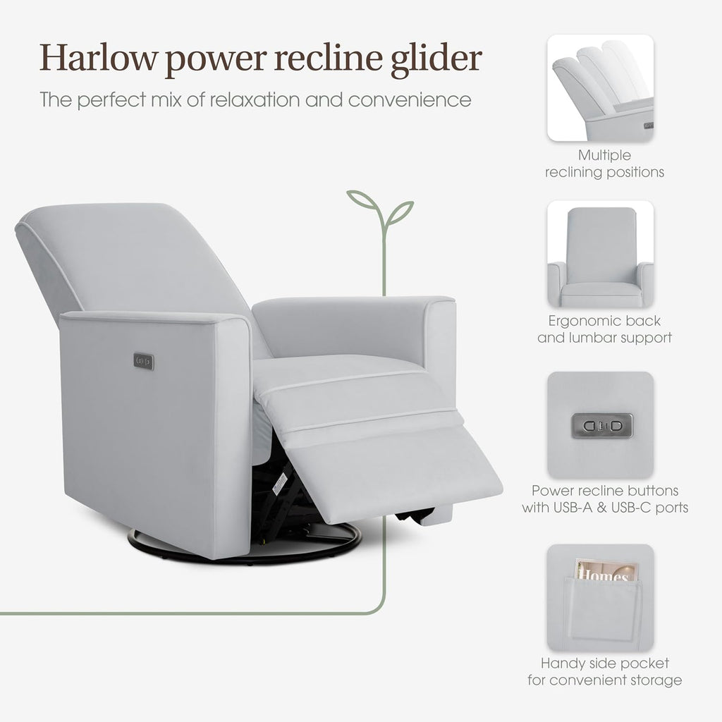 Evolur Harlow Upholstered Power Glider Recliner with USB Charging – Rocking & 275° Swivel with Smooth Glide – Greenguard Gold & FSC Certified – Modern Nursery and Living Room Chair in Grey
