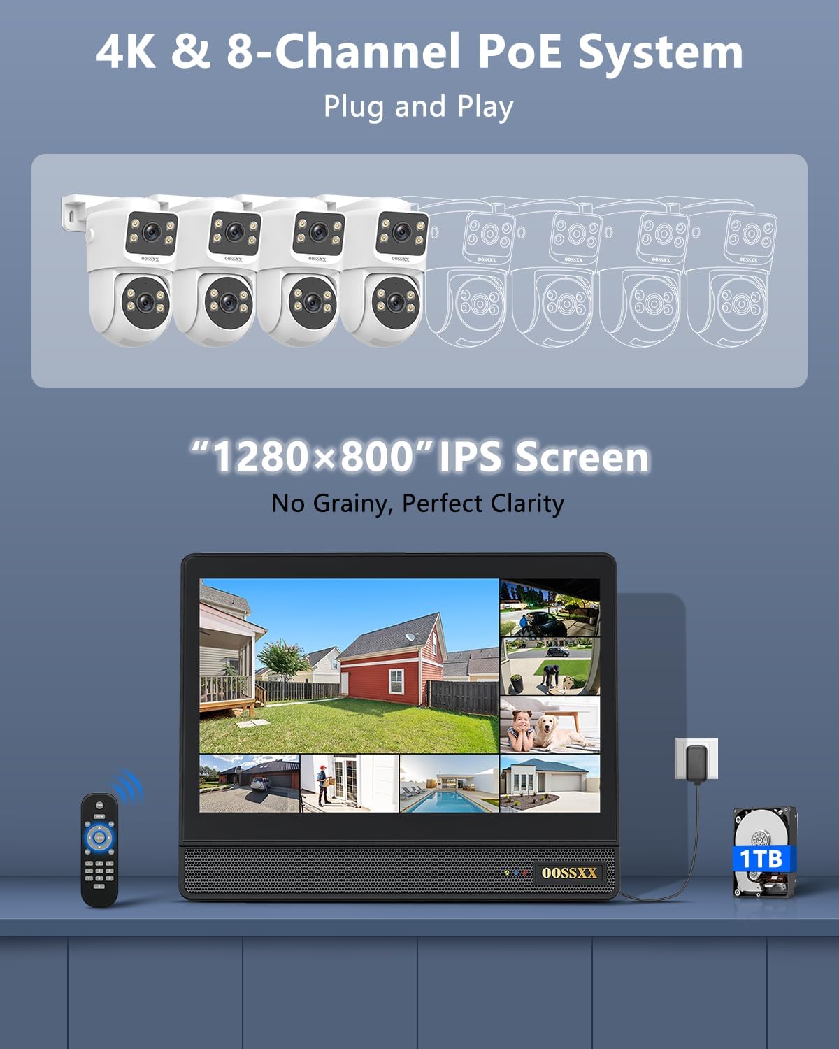 (2026 New) 4K PoE Security Camera System with 10'' Monitor, 8CH NVR 1TB HDD and 4 Dual Lens Cameras, Fixed + PTZ Auto Tracking, AI Detection, 2-Way Audio