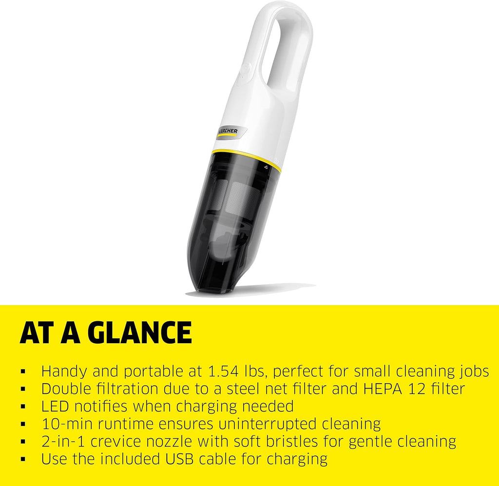 Kärcher CVH 2 Handheld Vacuum Cleaner, Double Filtration System incl. a HEPA 12 Filter, 2-in-1 Crevice Nozzle, Cordless, Weighs only 1.4 pounds, USB Charger