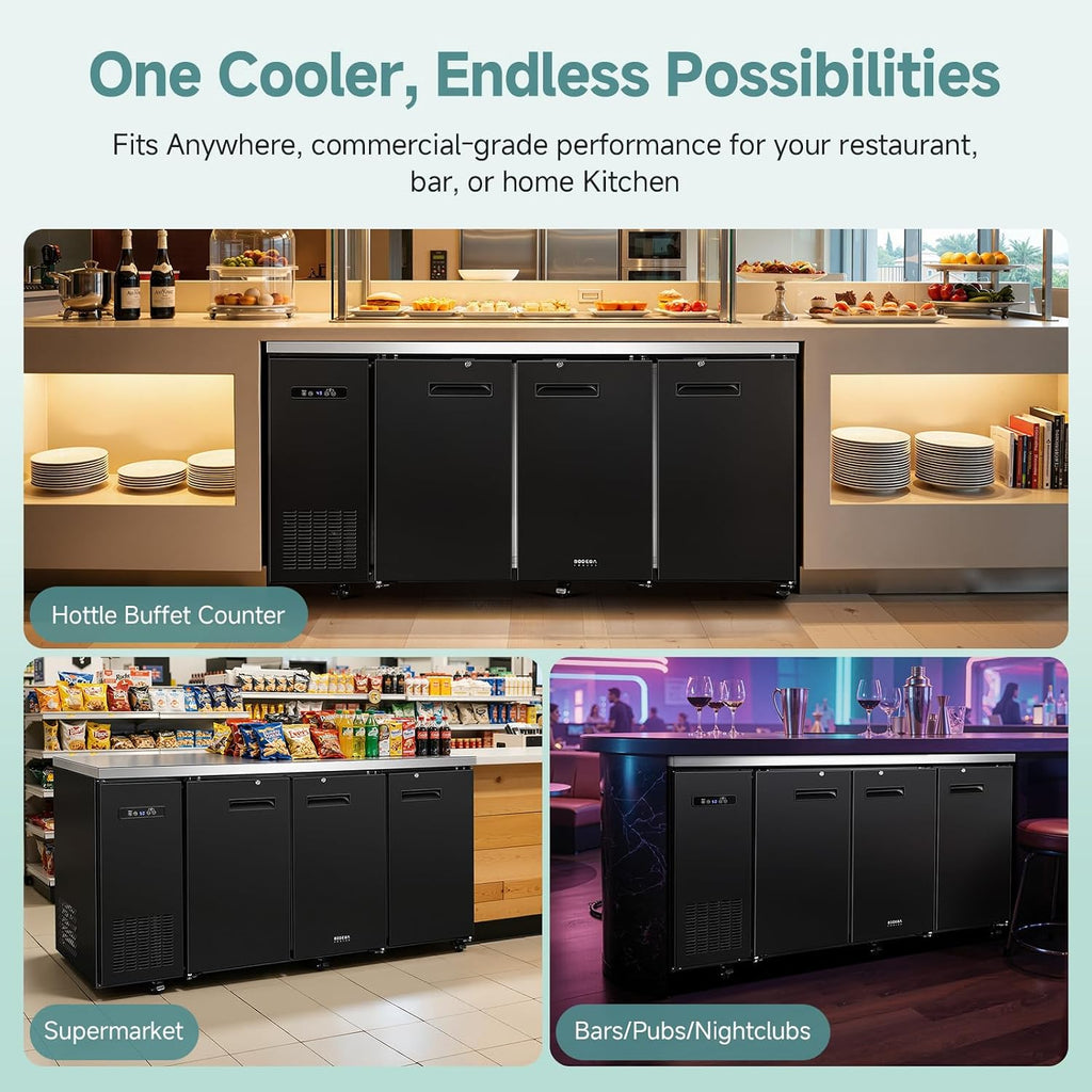 BODEGACOOLER Commercial Bar Cooler with 3 Solid Doors, 20.5 Cu.Ft Back Bar Refrigerator, Beverage Refrigerator for Beer Soda Wine,LED Light, Stainless Steel Top,6 Casters, for Kitchen Buffet Table
