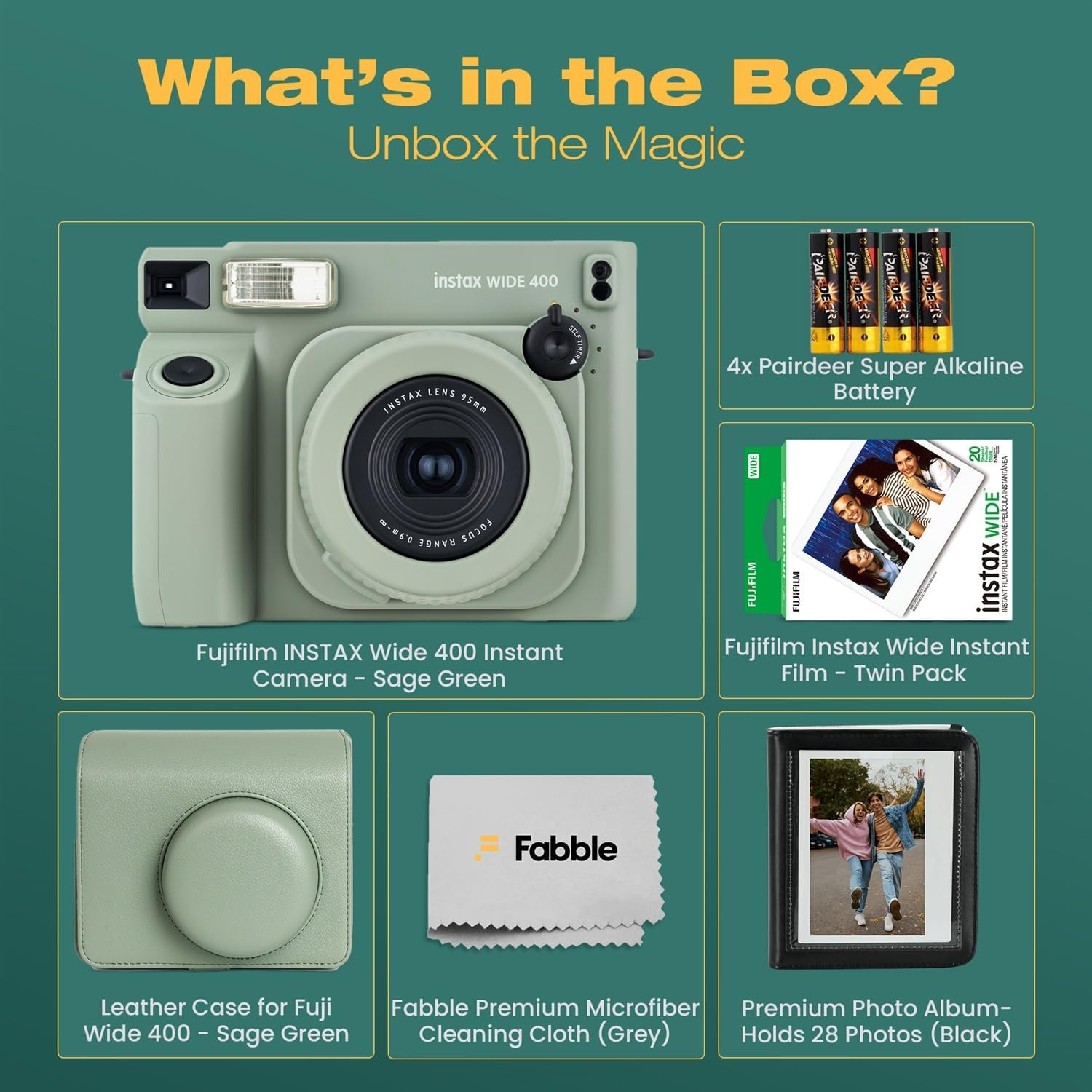 FUJIFILM instax Wide 400 Instant Film Camera Bundle with Instax Wide Film, Sage Green Leather Case, 28-Photo Album, Close-Up Lens, Shoulder Strap, Batteries, and Camera Accessories