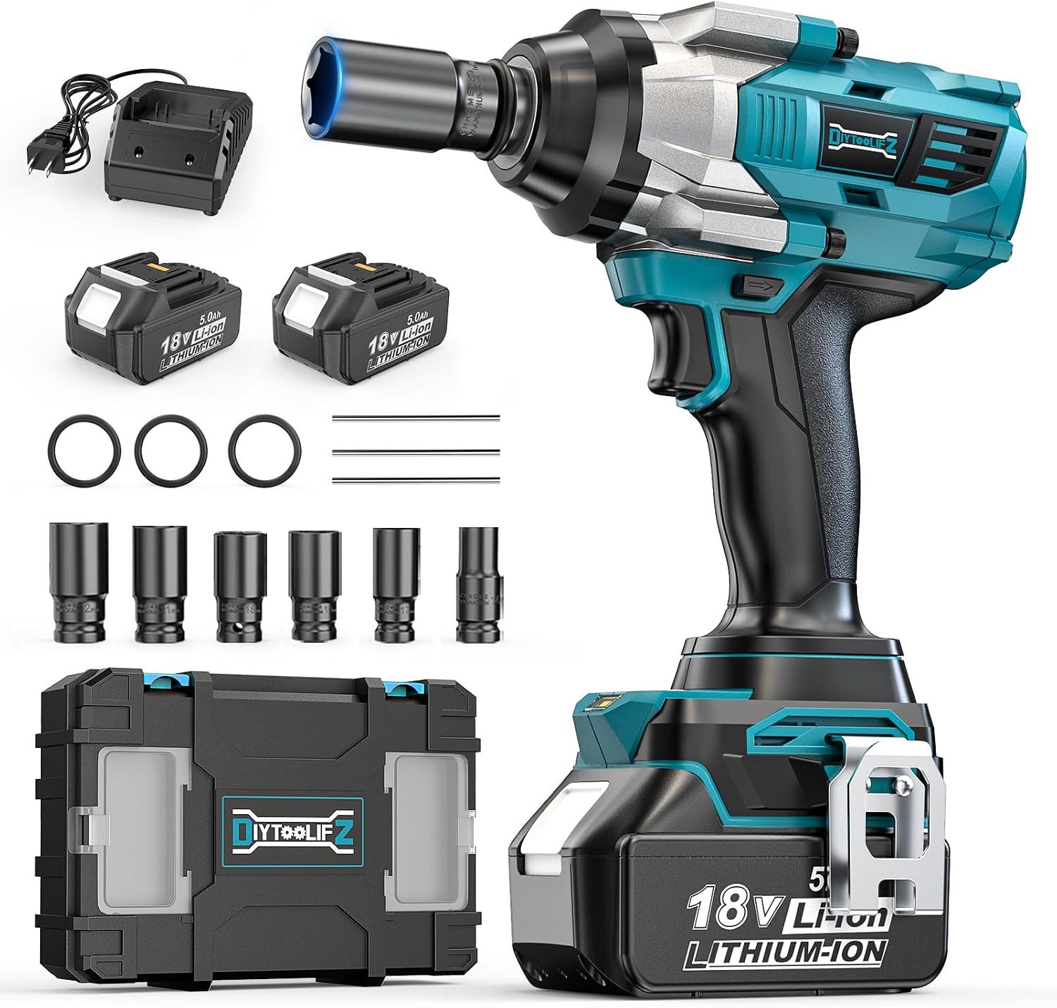 DIYtoolifz Cordless Impact Wrench 1/2' Compatible with Makita 18V Battery, 1000Ft-lbs (1360N.m) Brushless High Torque Impact Gun, Impact Driver for Car Truck Mower, with 2x5.0AH Battery & 6 Sockets