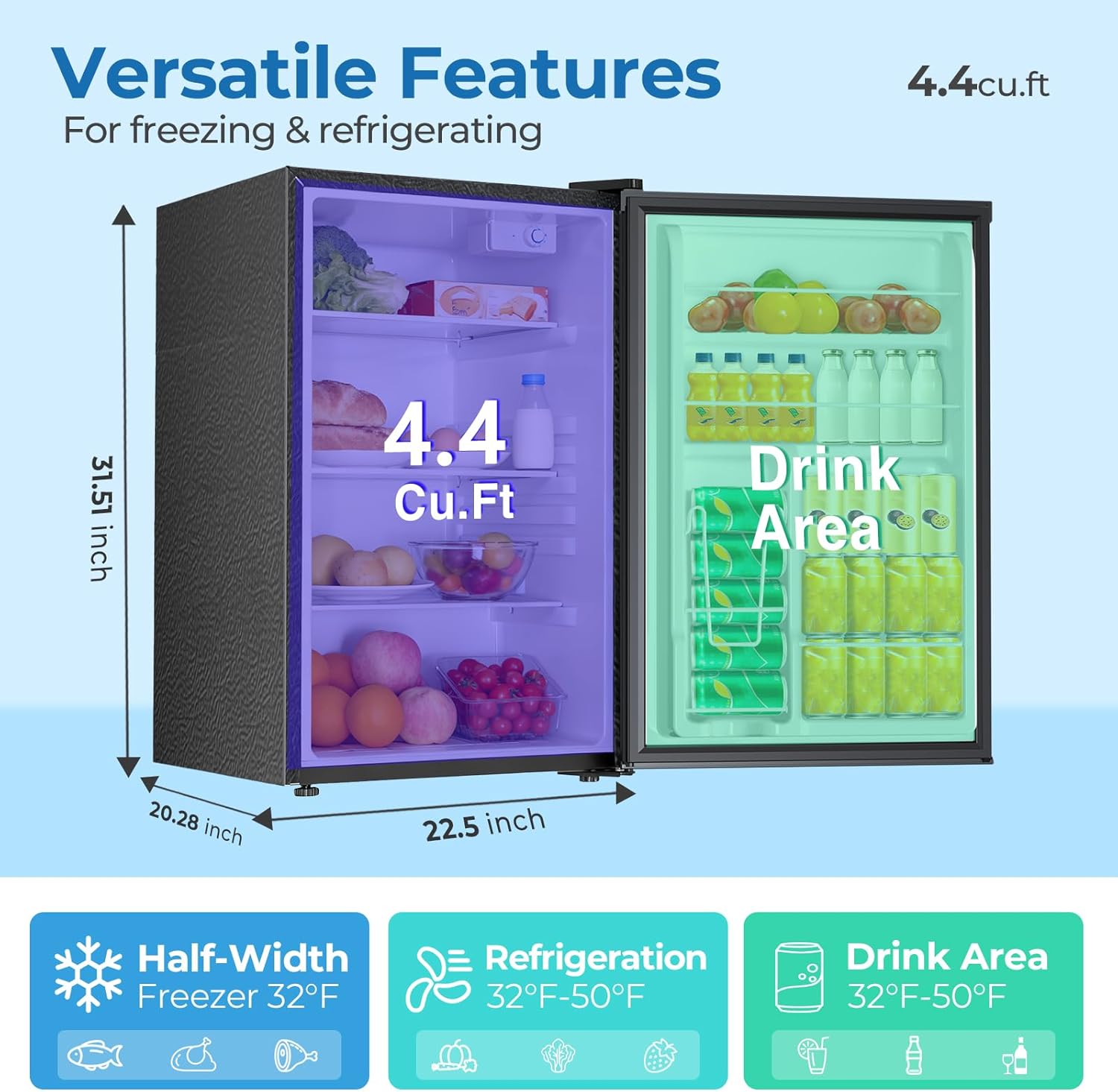 Electactic Compact Refrigerator 4.4 Cu.ft Mini Fridge, Single Door Refrigerator with Adjustable Temperature Settings, Low noise, for Bedroom, Office, Dorm Black