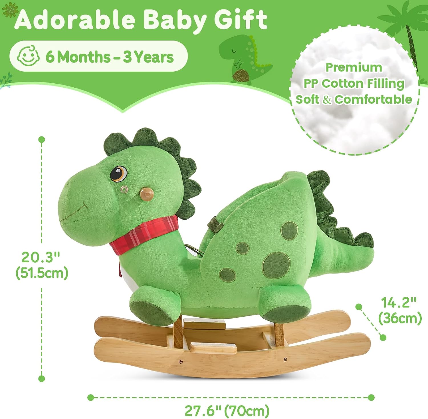 FUNLIO Dino Rocking Horse for Toddlers 1-3 Years, Premium Green Plush Rocking Dino with Soft Spikes, Big Eyes & Lovely Smile, Vibrant Colors & Realistic Scales, Easy to Assemble, CPC & CE Certified