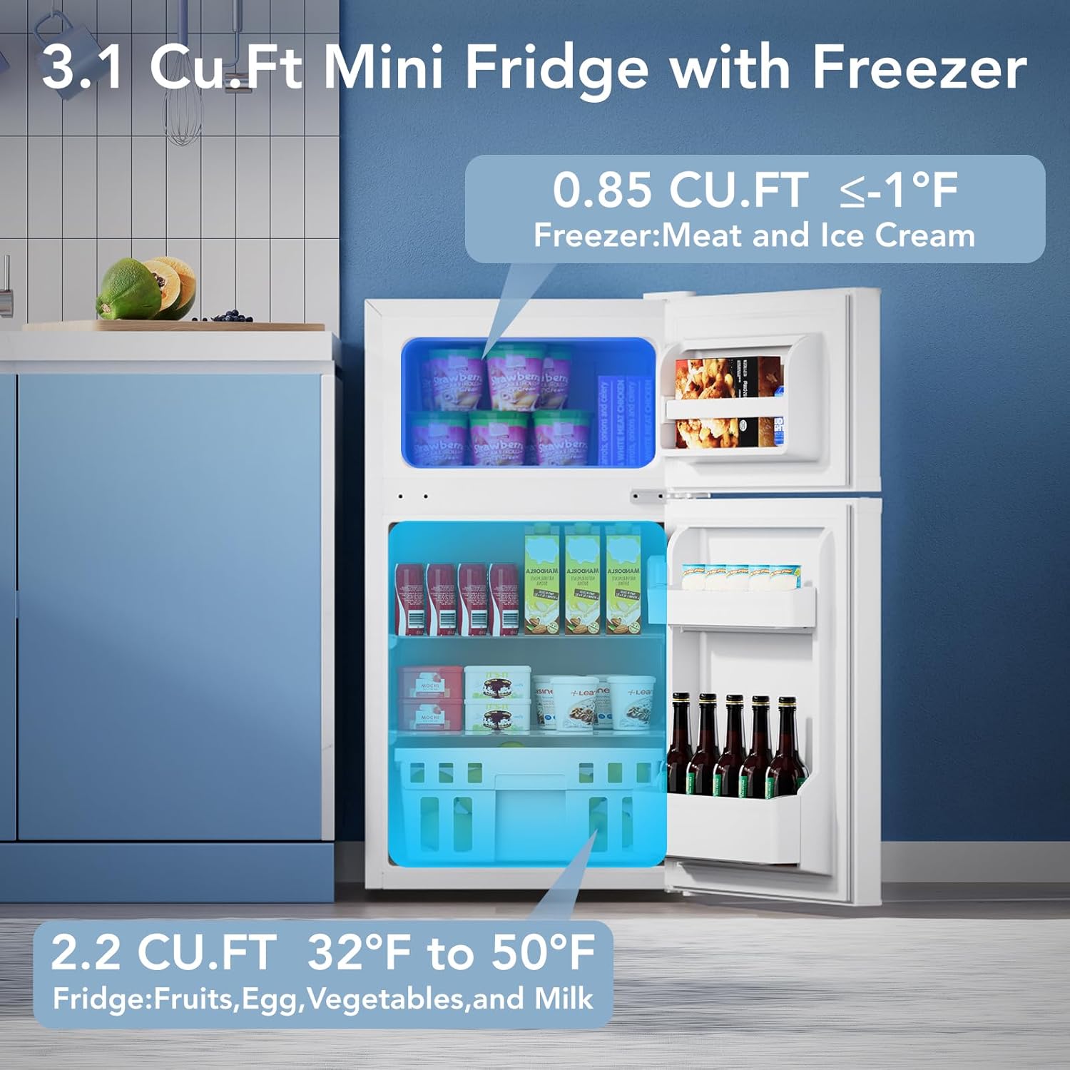 Electactic 3.1 Cu.Ft Small Fridge with Freezer, Compact Refrigerator with 2 Doors, Mini Fridge with Adjustable Removable Glass Shelves for Bedroom, Dorm, Office or Apartment,White