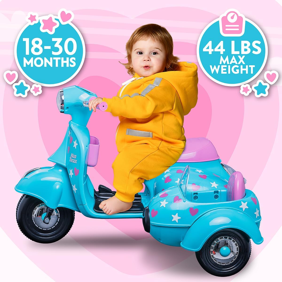 Kid Trax 6V Starlight Scooter with Sidecar for Kids, Ages 18-30 Months, Maximum Rider Weight: 44 lbs.