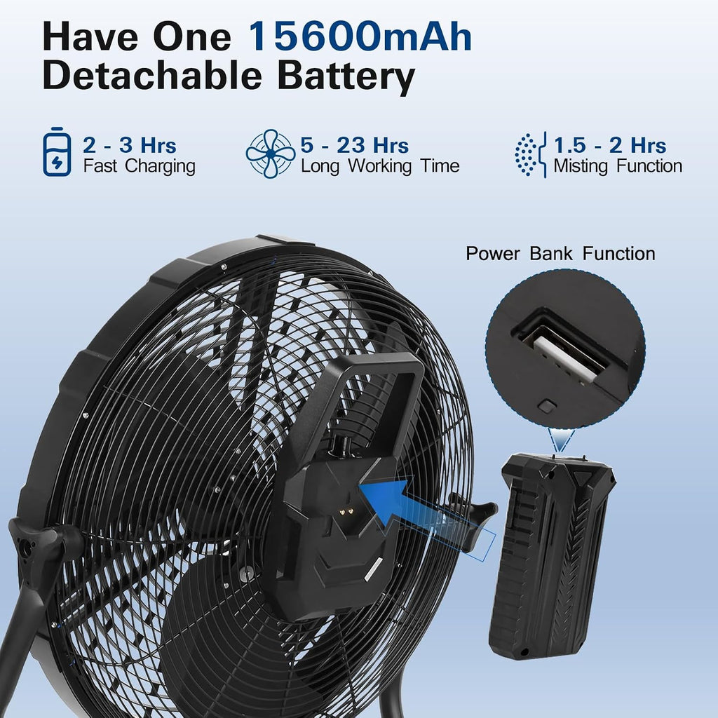 BILT HARD 12' Outdoor Portable Misting Fan, Battery Operated Misting Fan with 15600mAh Detachable Battery & Misting Function, Rechargeable Floor Fan for Outside, Patio