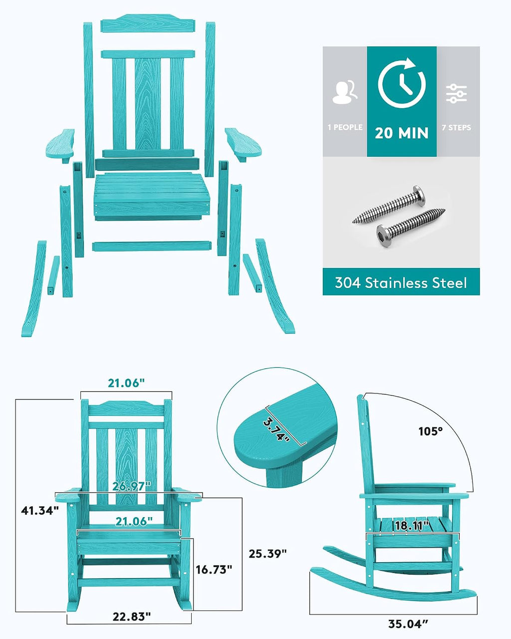 SERWALL Oversized Rocking Chair Outdoor, HDPE Outdoor Rocking Chair, Aruba