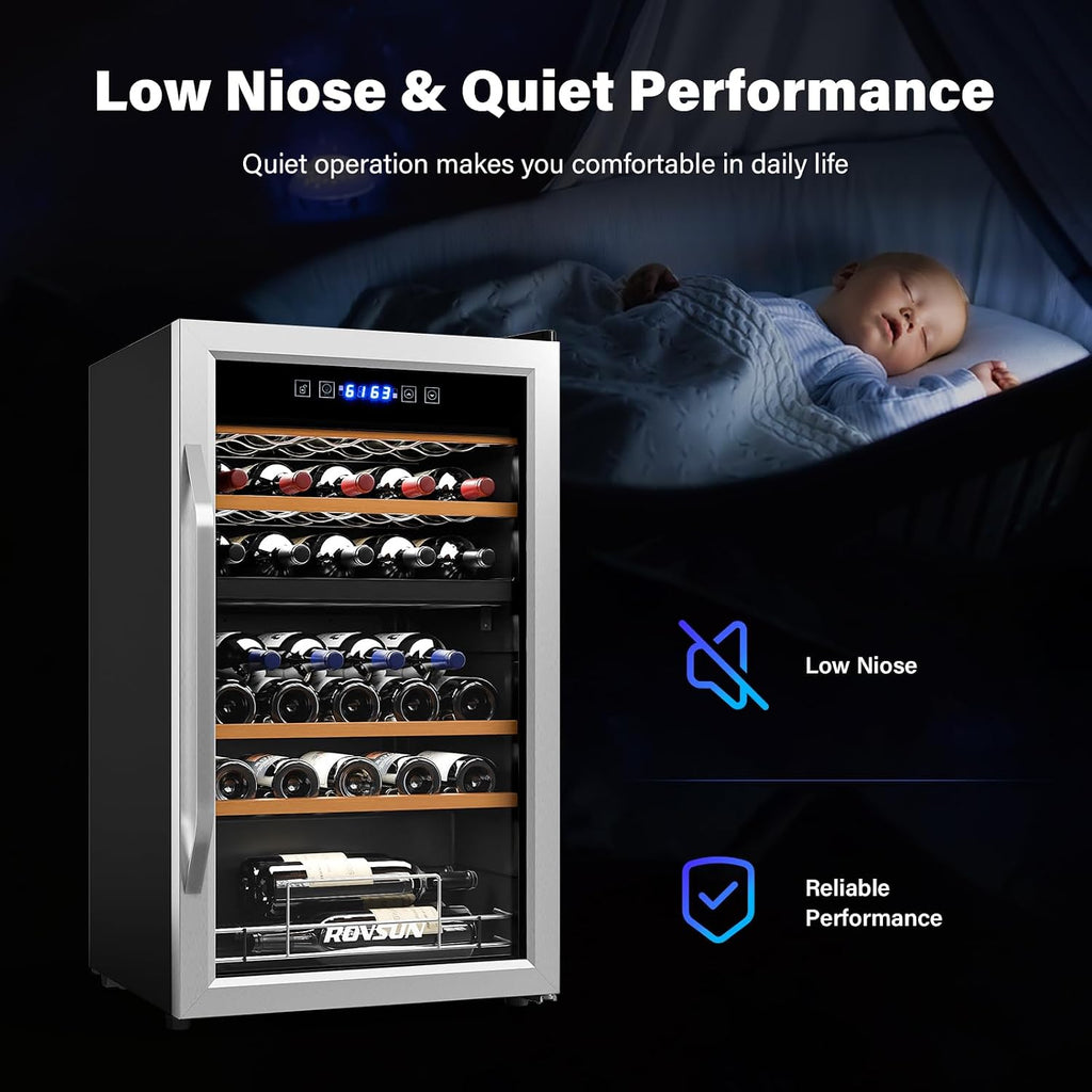 ROVSUN 33 Bottle Wine Fridge, Dual Zone Wine and Beverage Refrigerator with Independent Temp & LED Control Panel, Freestanding Wine Cooler Chiller for Red White Wine, Champagne, Beer