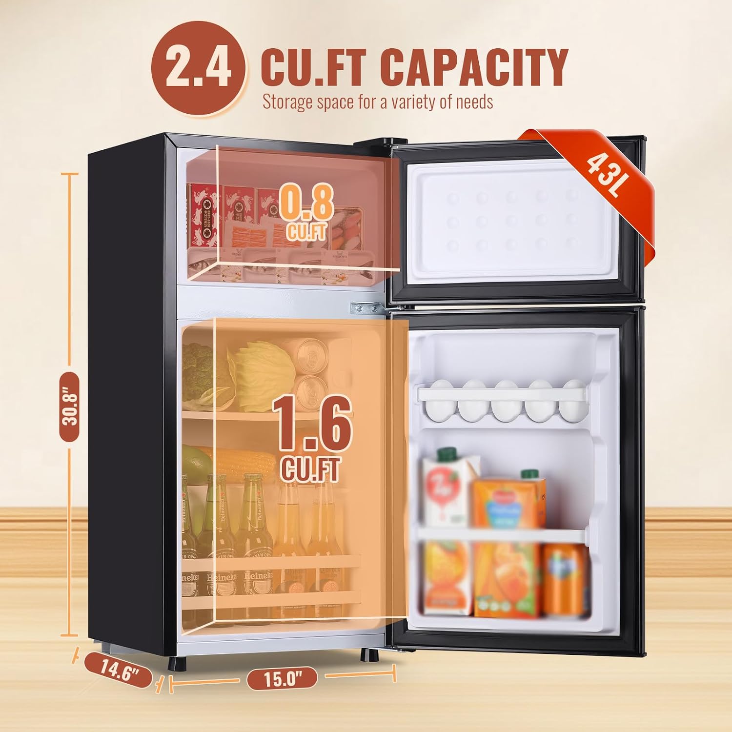 DEMULLER 2.4 Cu.ft Mini Fridge with Double Doors Small Refrigerator with Separate Freezer & 7 Adjustable Temperature Control, Tiny Size & Personal Fridge Ideal for Office Apartment Dorm Black