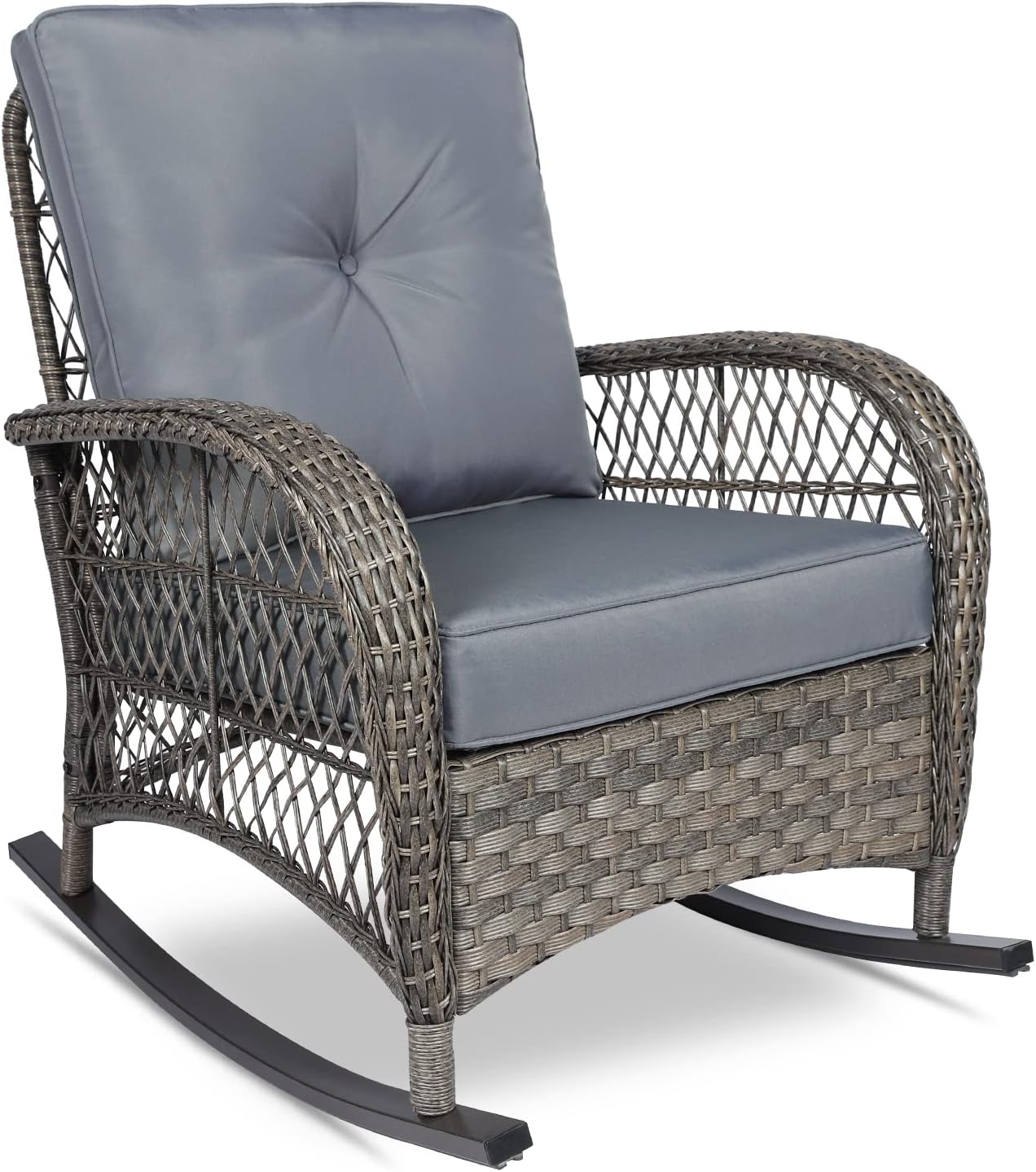 VIVIJASON Outdoor Wicker Rocking Chair, Patio Rattan Rocker Chair with Cushions & Steel Frame, All-Weather Rocking Lawn Wicker Furniture for Garden Backyard Porch (Grey)